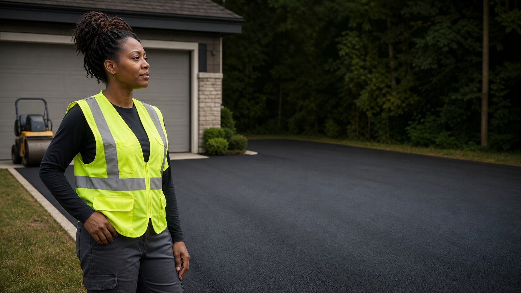 an asphalt paving professional beside a newly paved asphalt surface