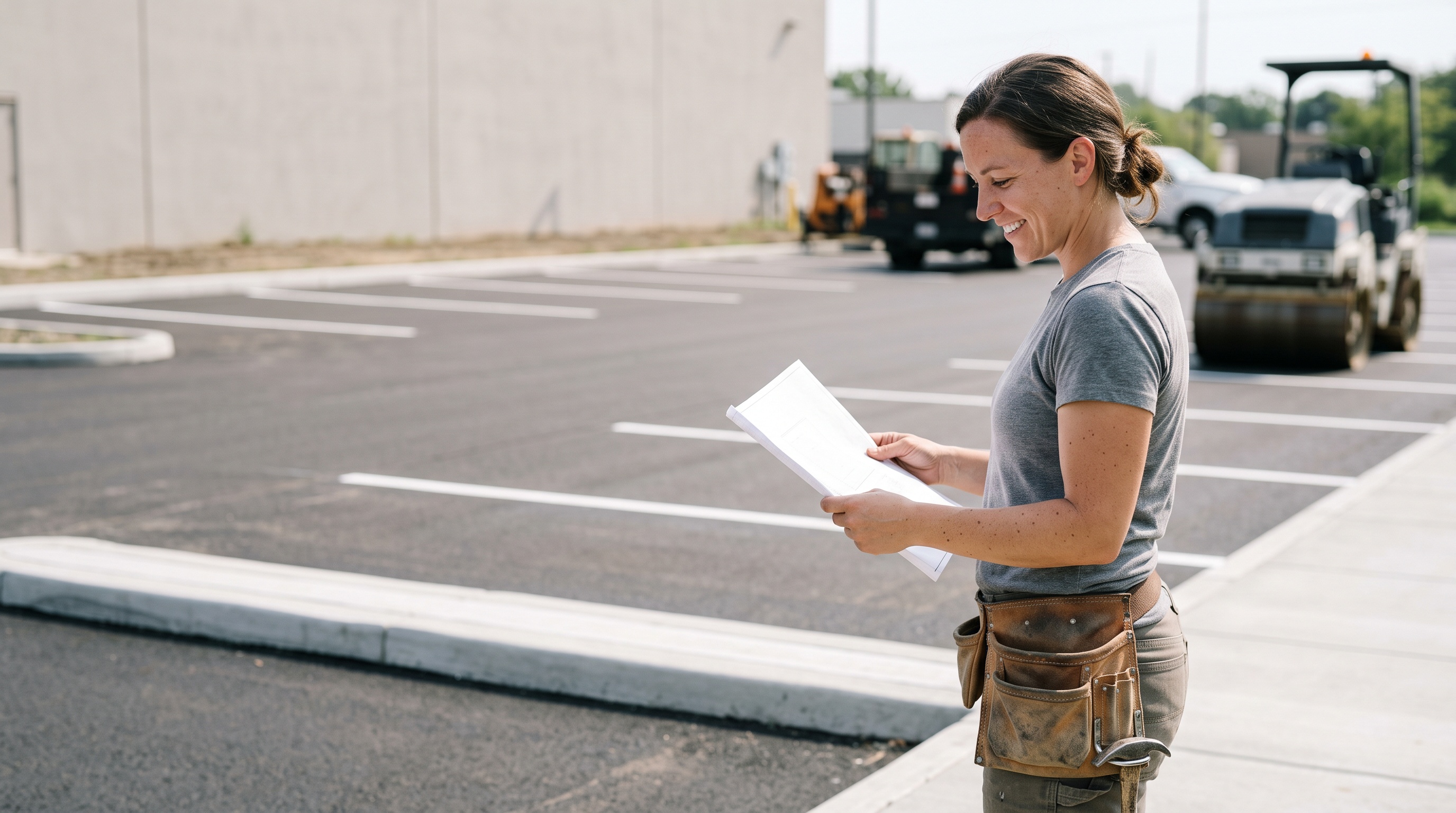 an asphalt paving professional beside a newly paved asphalt surface