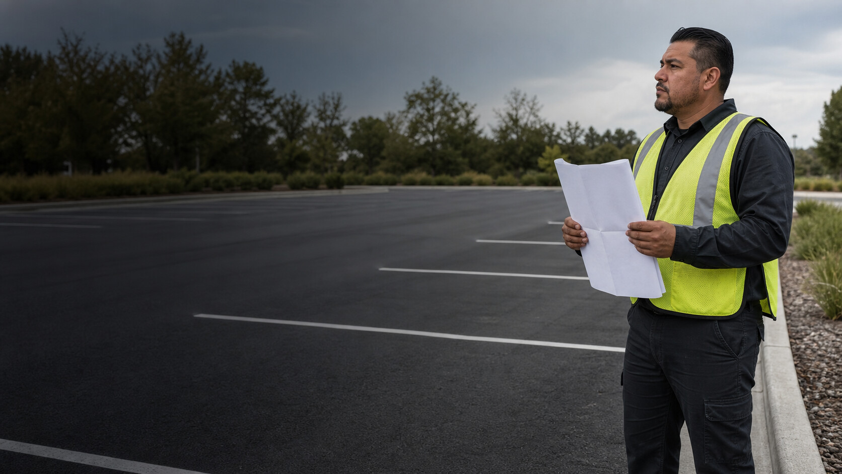 an asphalt paving professional beside a newly paved asphalt surface