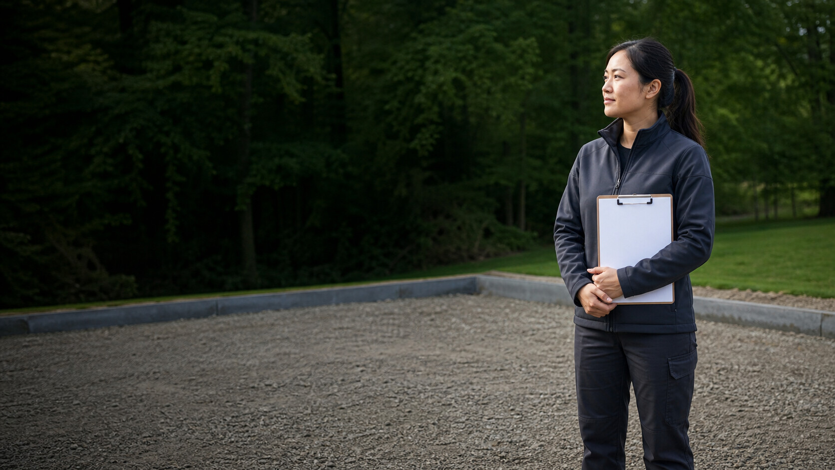 an asphalt paving professional beside a newly paved asphalt surface