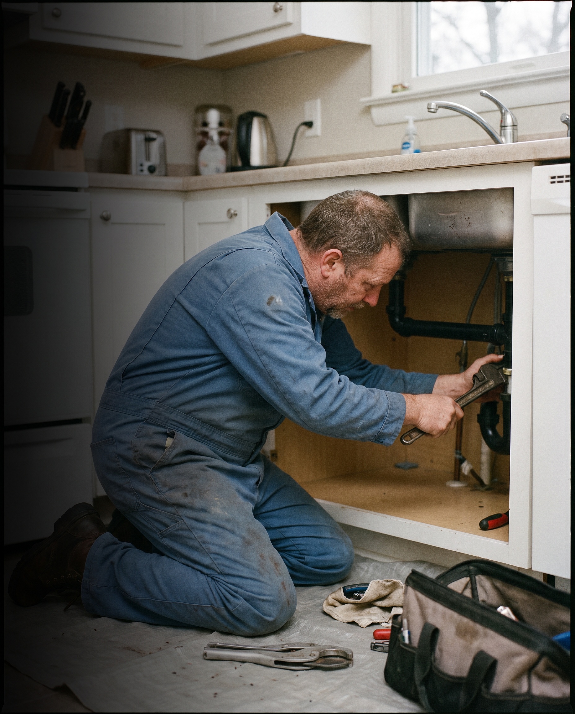 A plumber at work on pipes under a sink
