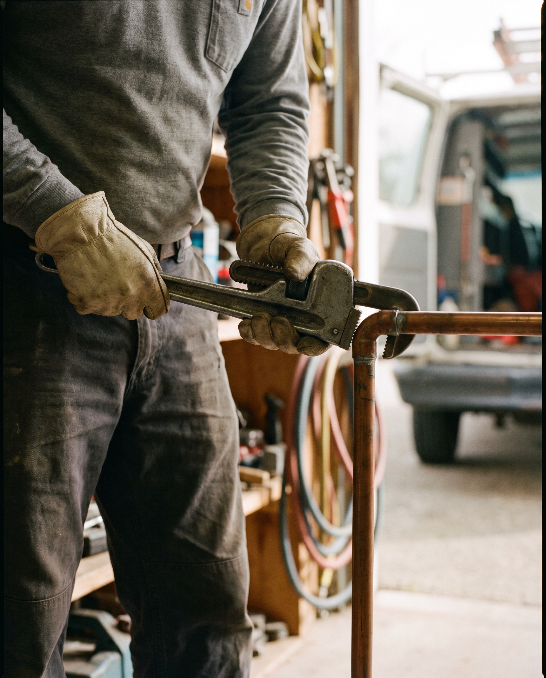 A plumber at work, tightening a pipe fitting with a wrench