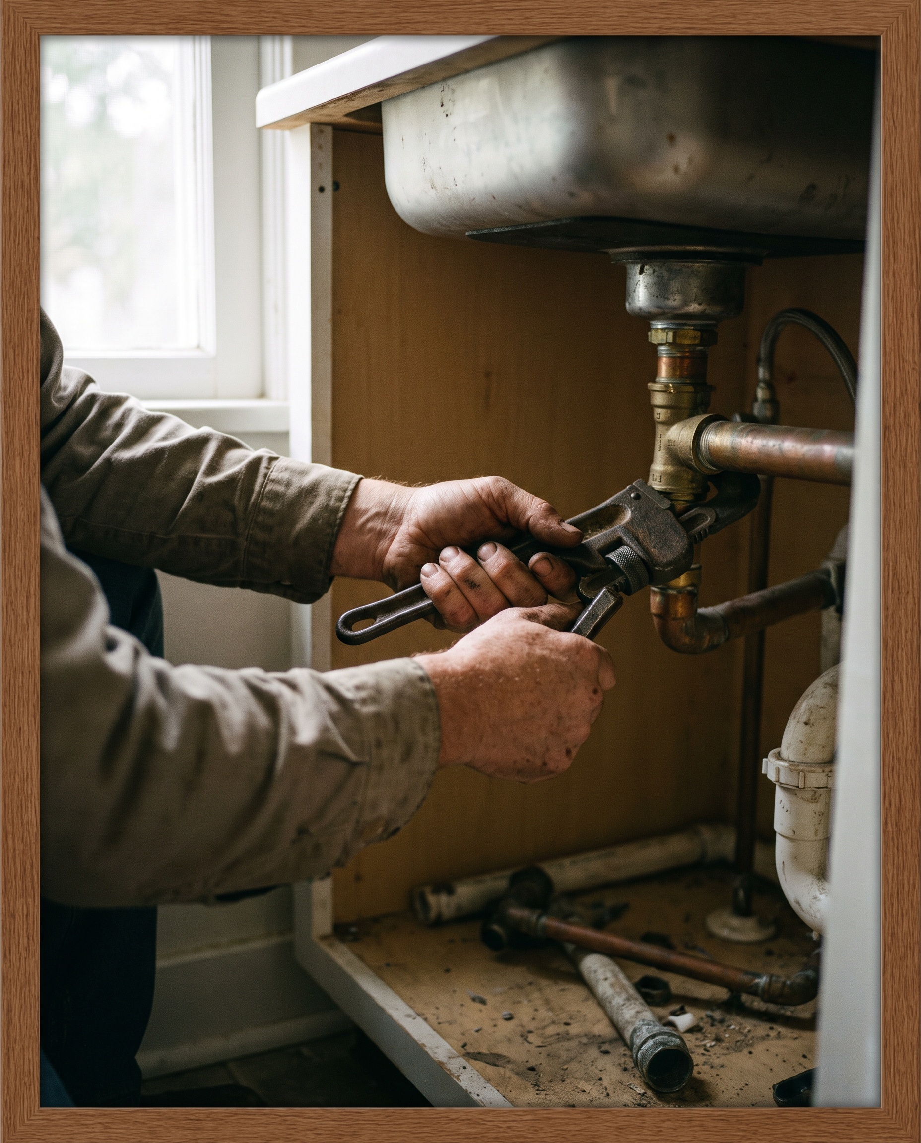 A plumber at work, tightening a pipe fitting with a wrench under a sink