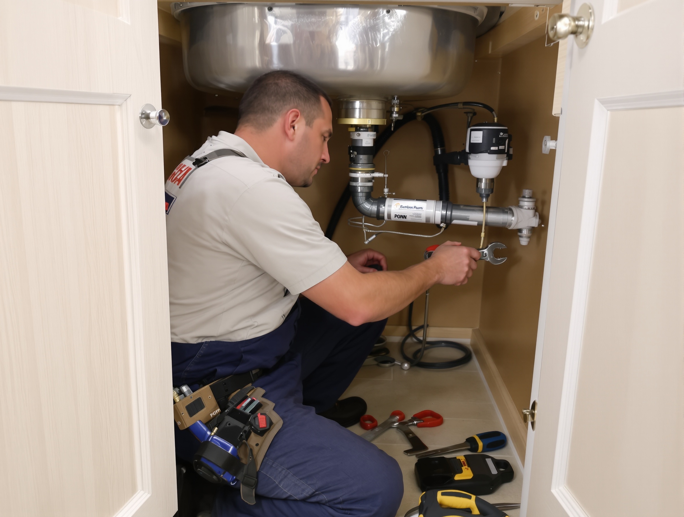 Local professional at work under a kitchen sink in Austin