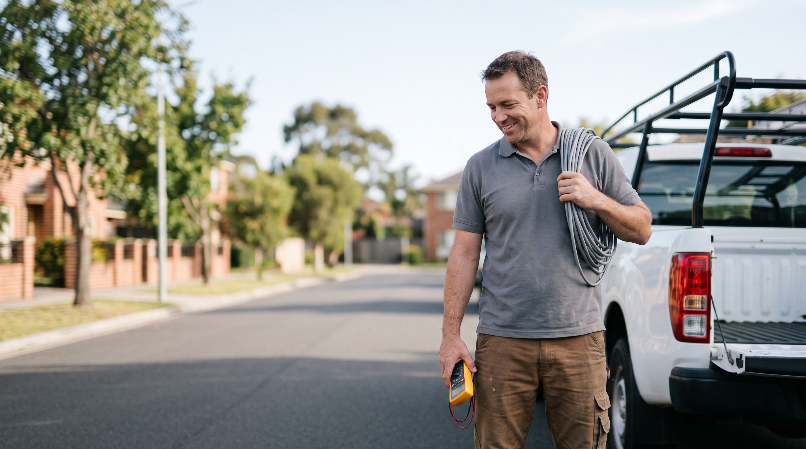 an electrician carrying electrical tools and cable