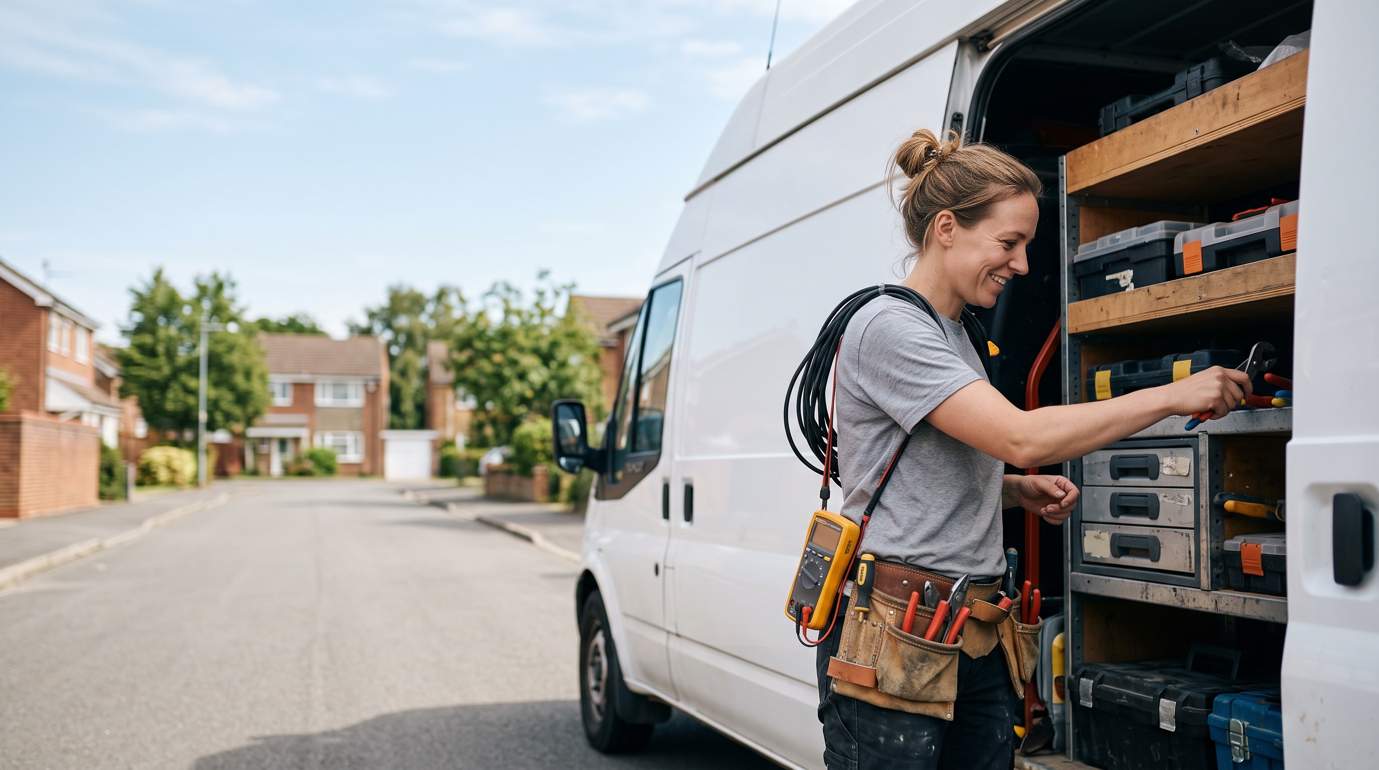 an electrician carrying electrical tools and cable