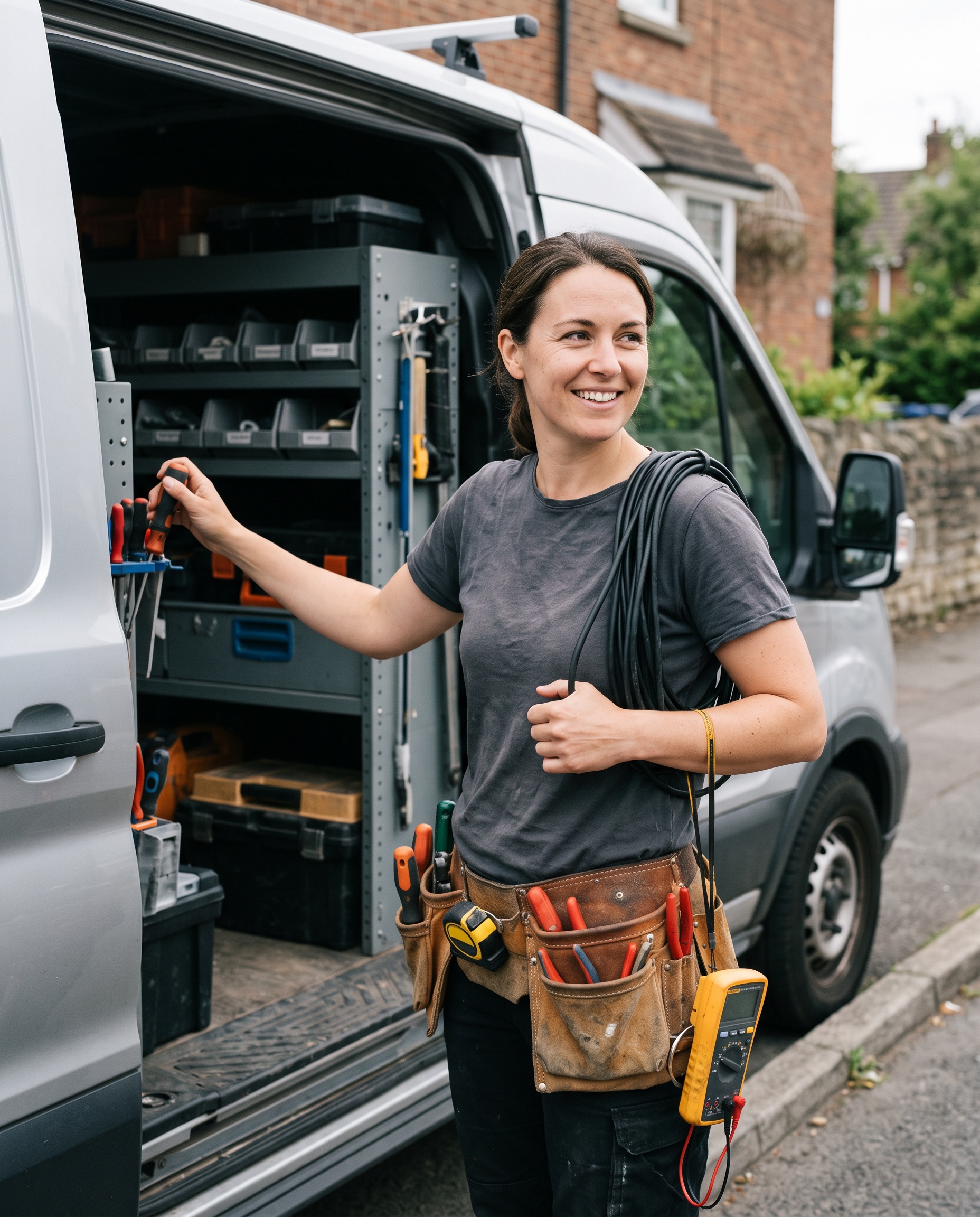 an electrician carrying electrical tools and cable