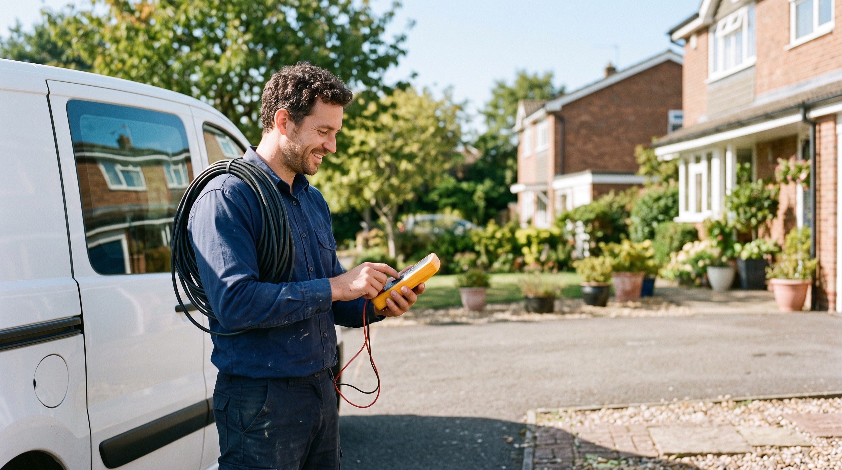 An electrician carrying electrical tools and cable