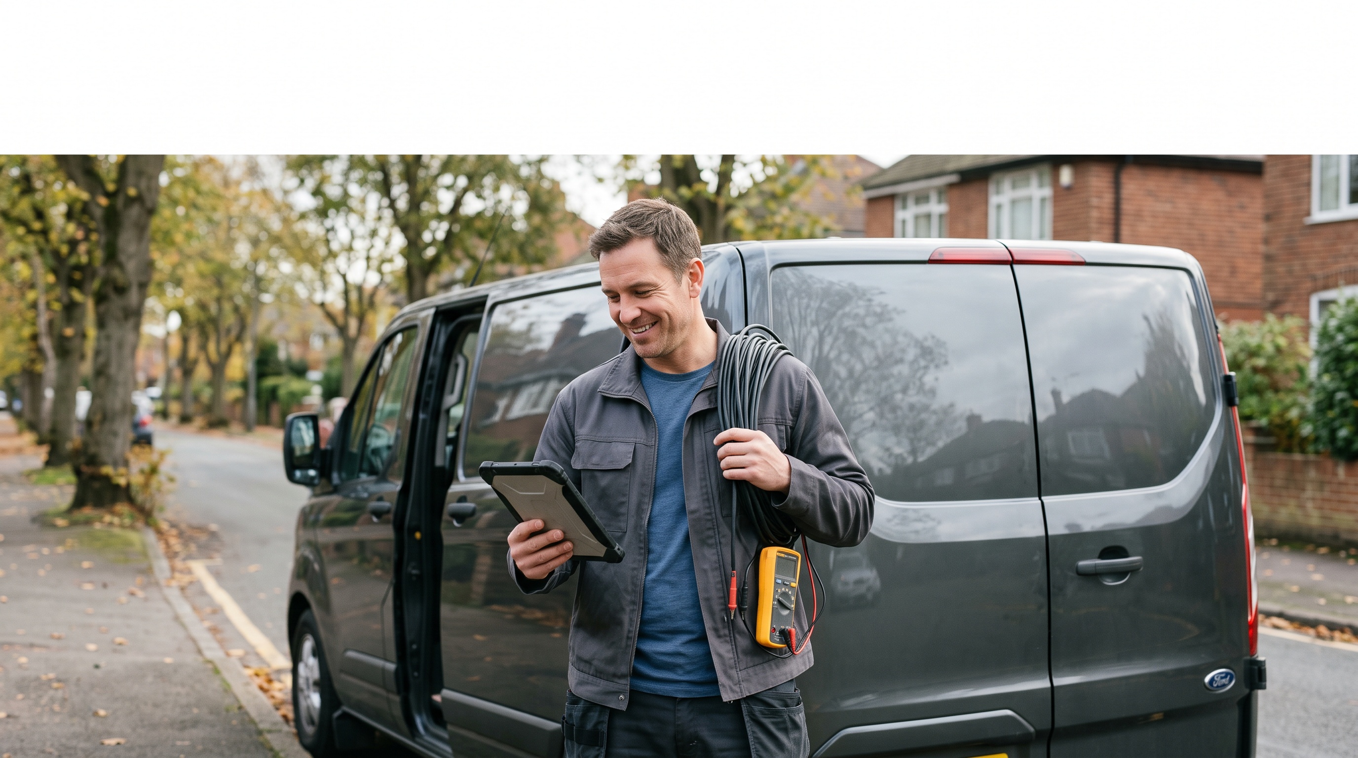 An electrician carrying electrical tools and cable