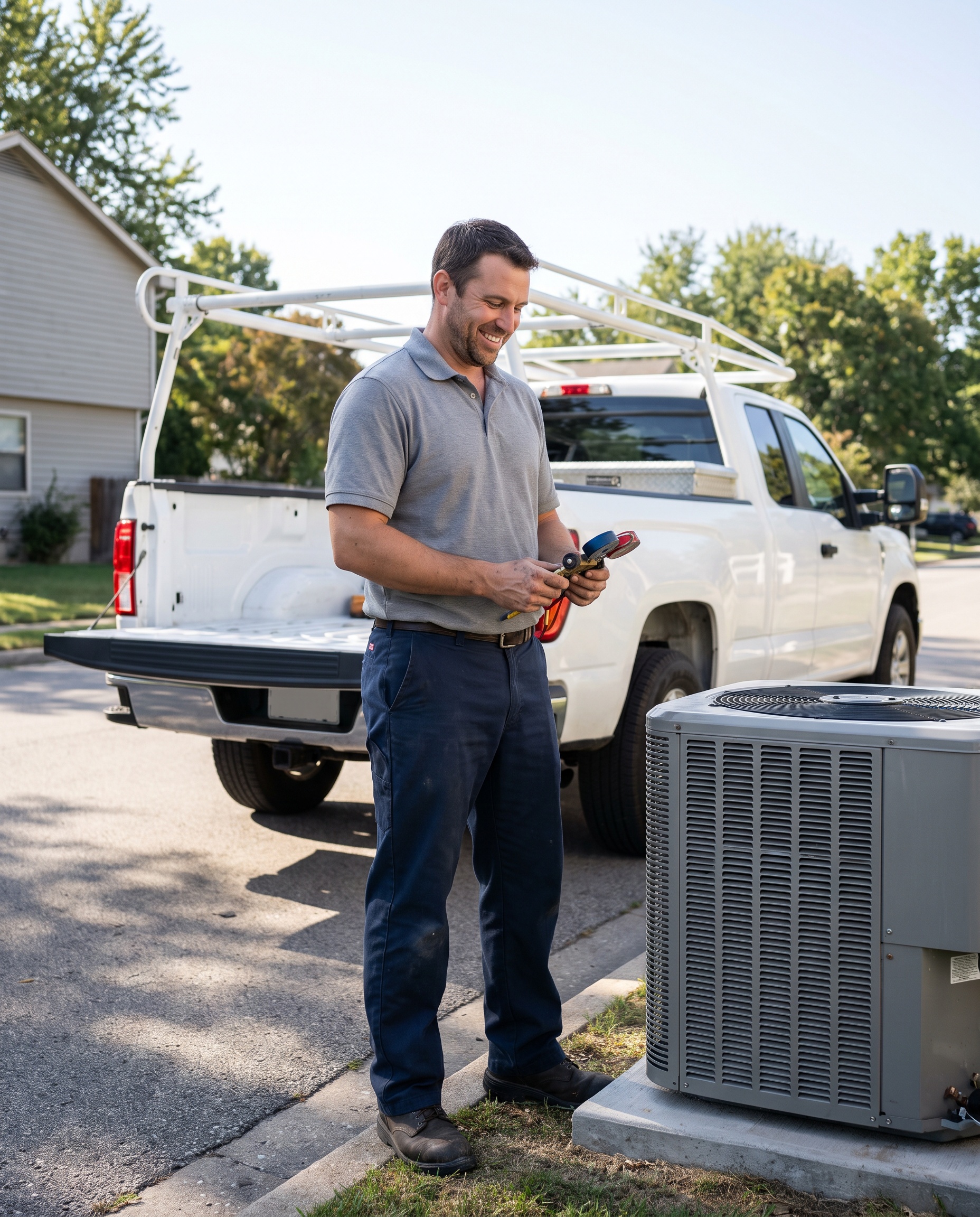 an HVAC technician beside a residential air-conditioning unit