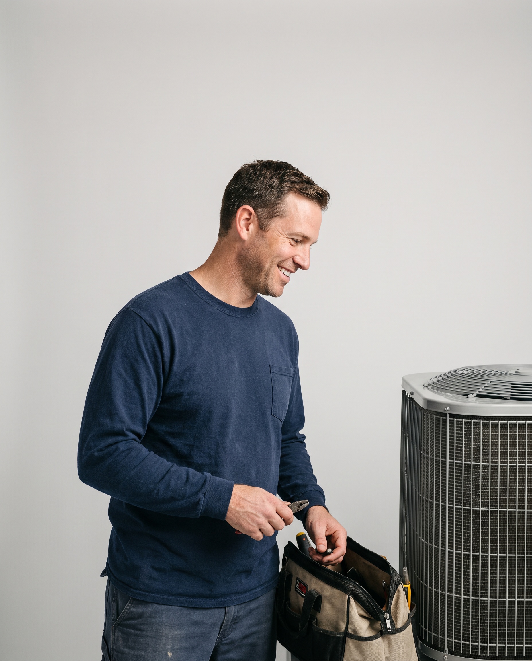 An HVAC technician beside a residential air-conditioning unit