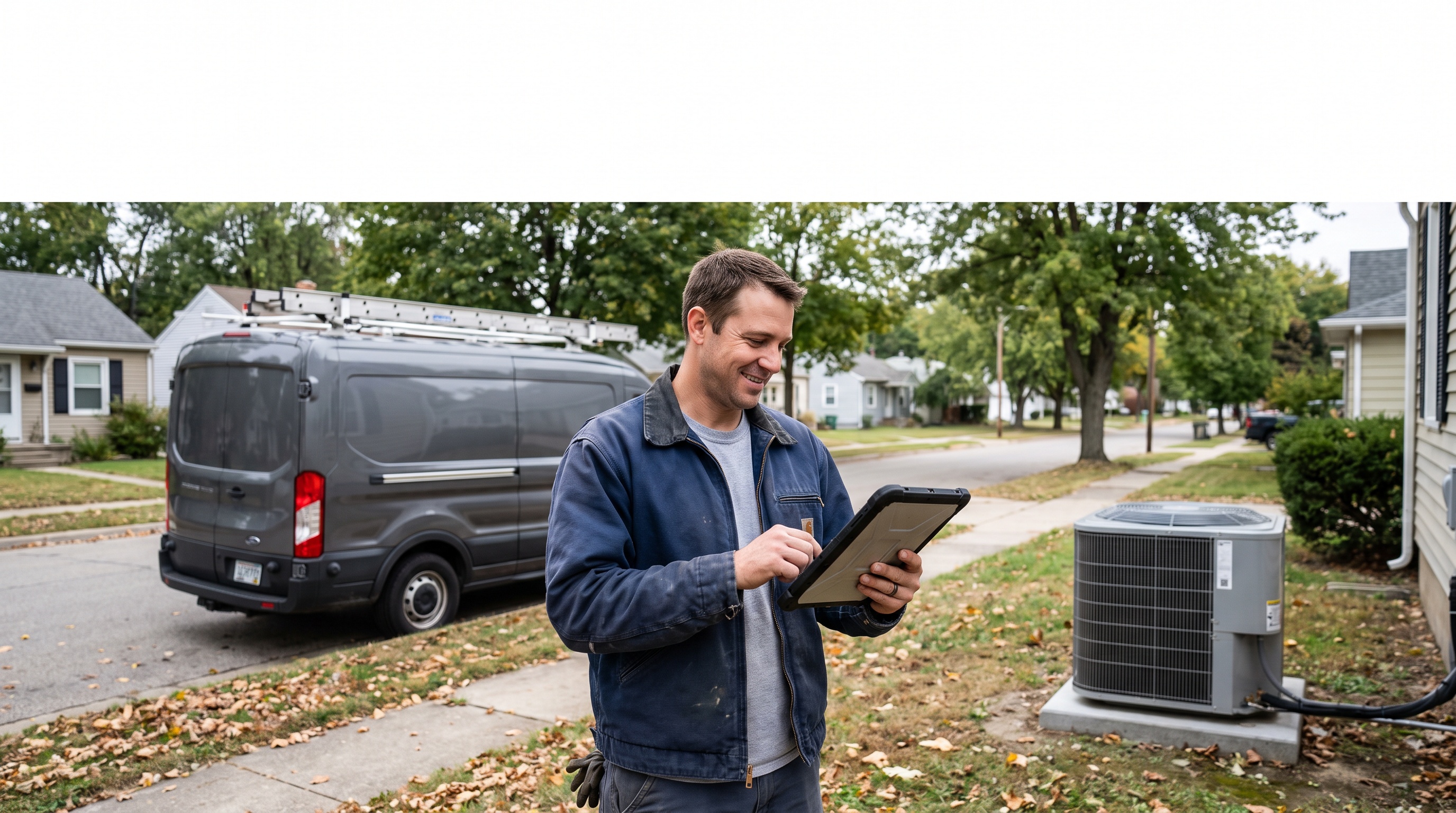 An HVAC technician beside a residential air-conditioning unit