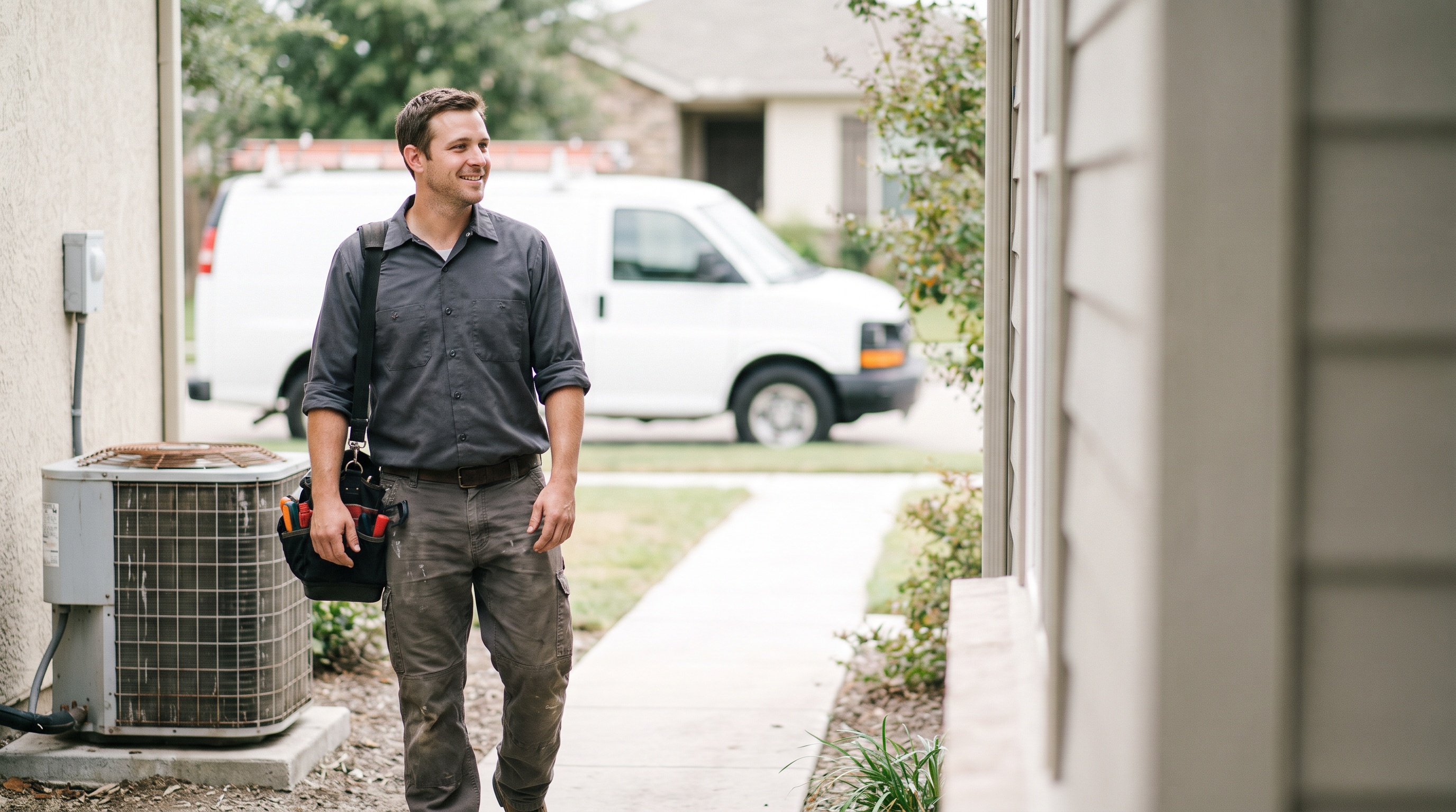 an HVAC technician beside a residential air-conditioning unit