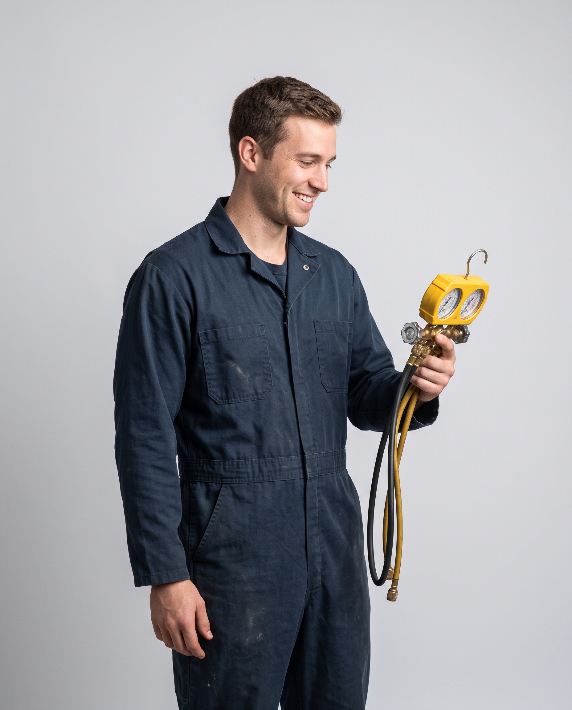 An HVAC technician beside a residential air-conditioning unit