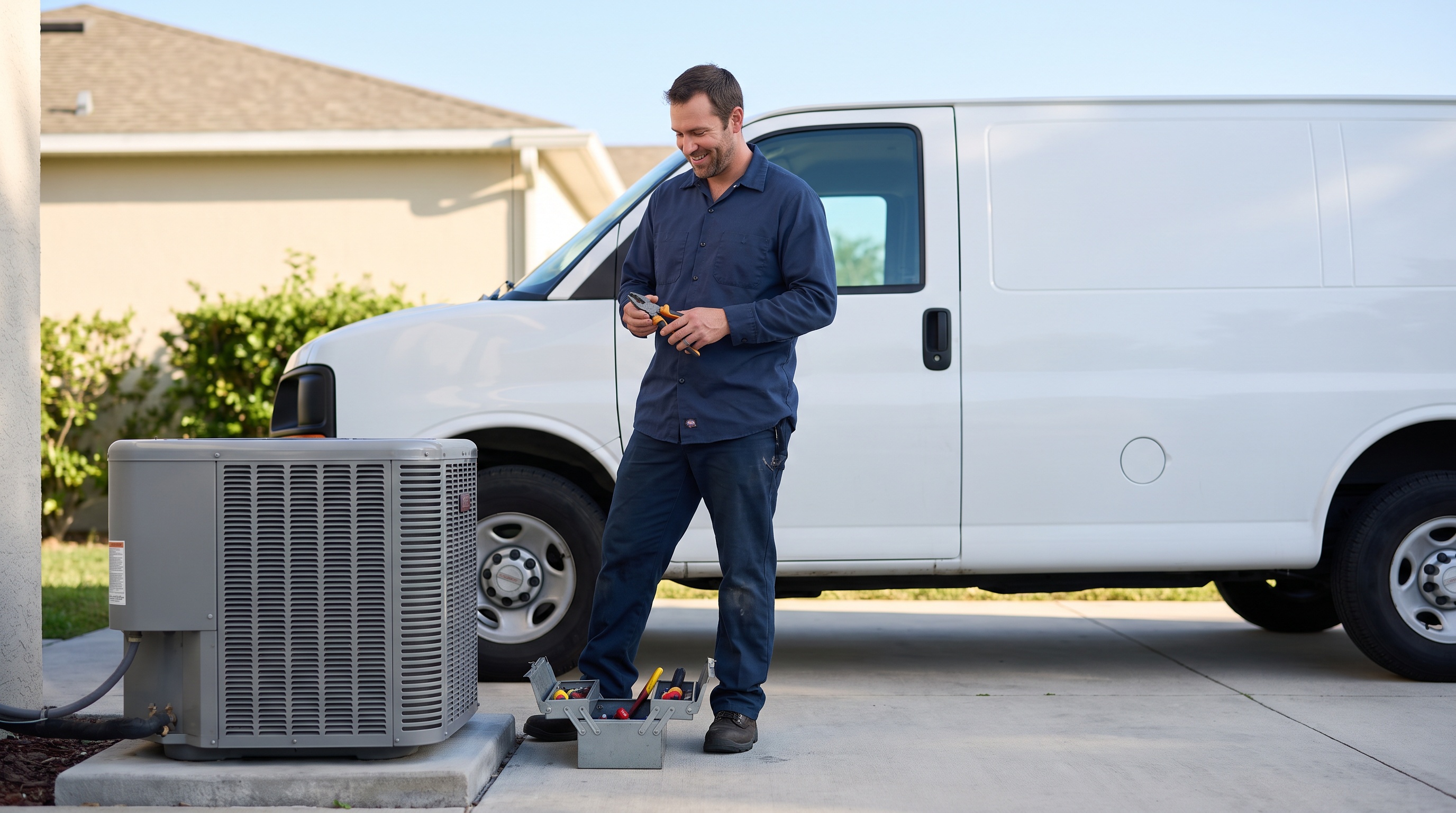 An HVAC technician beside a residential air-conditioning unit