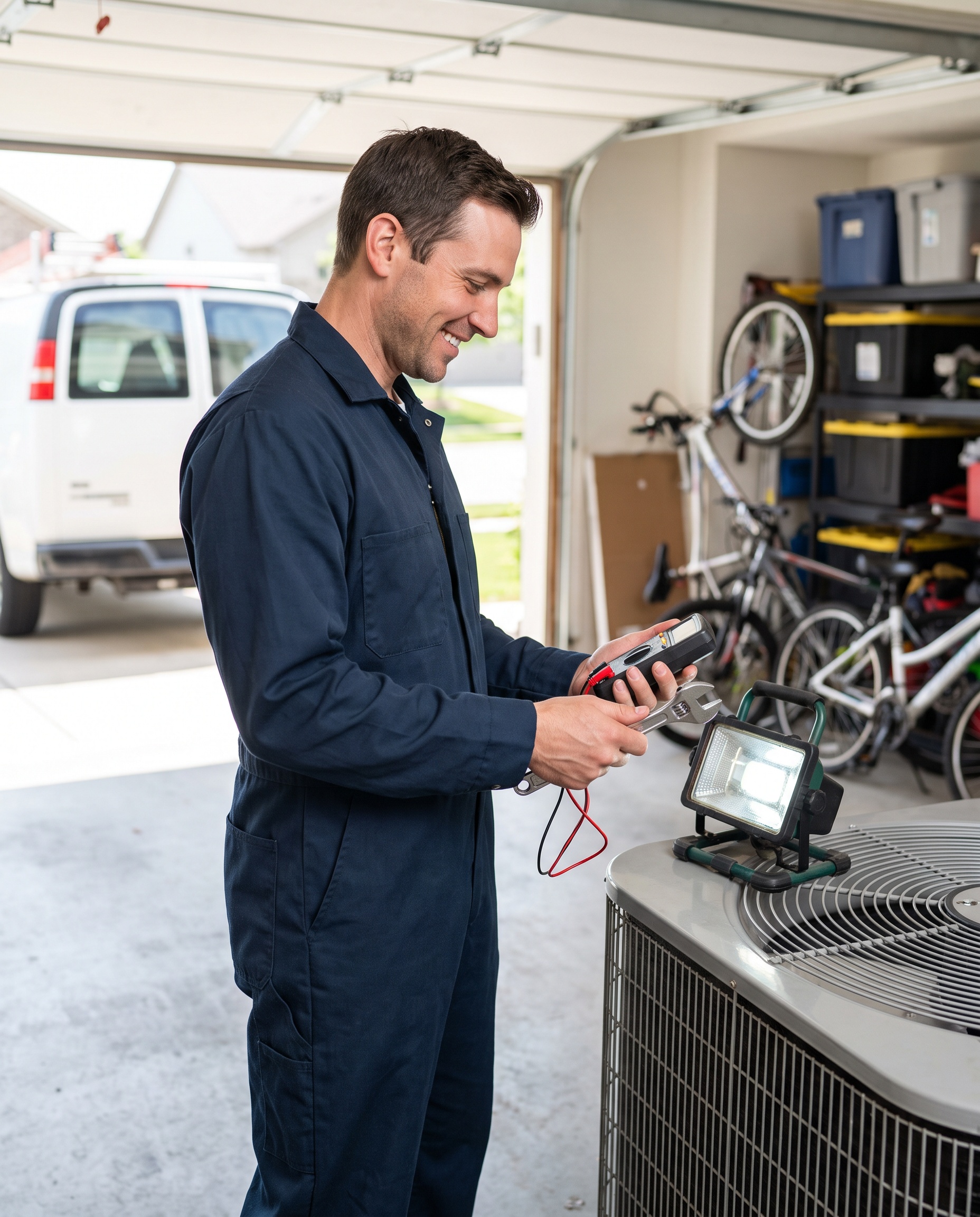 An HVAC technician beside a residential air-conditioning unit
