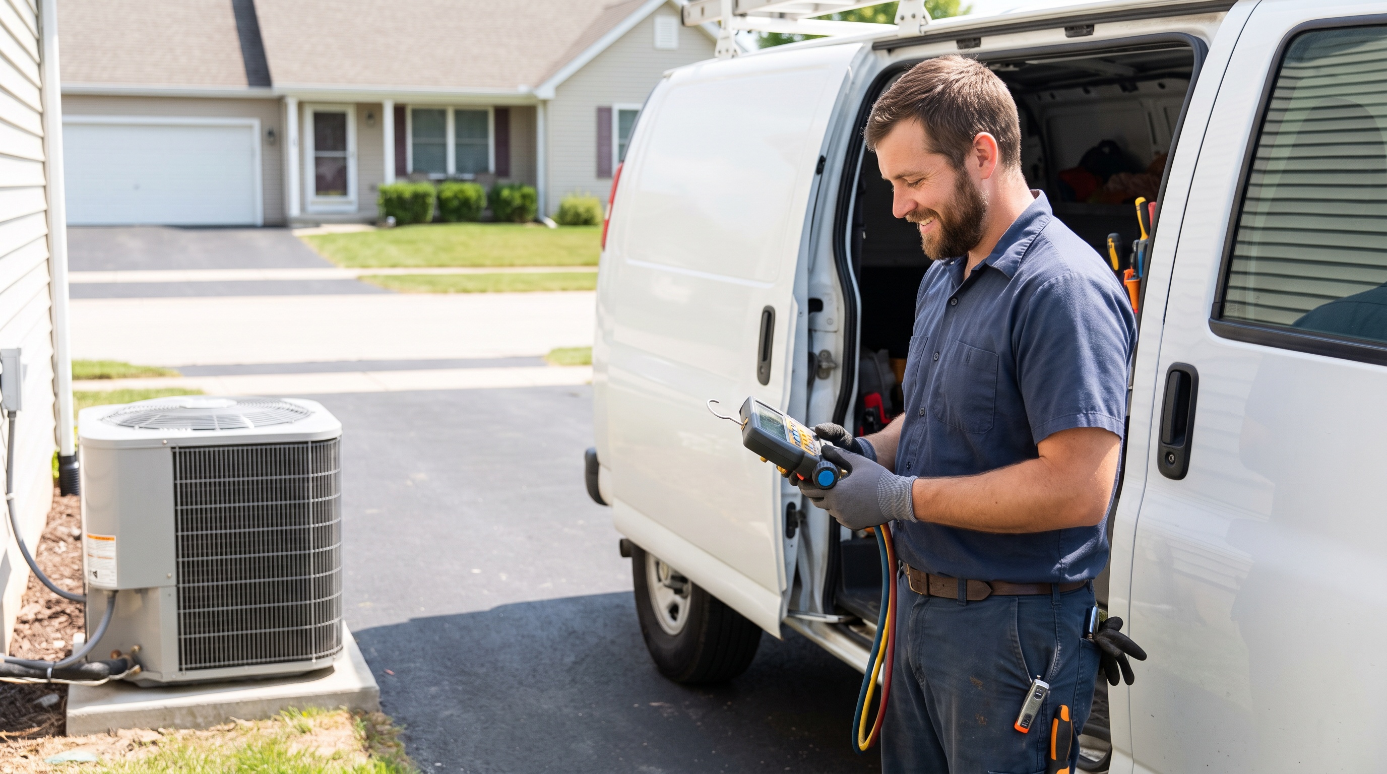an HVAC technician beside a residential air-conditioning unit