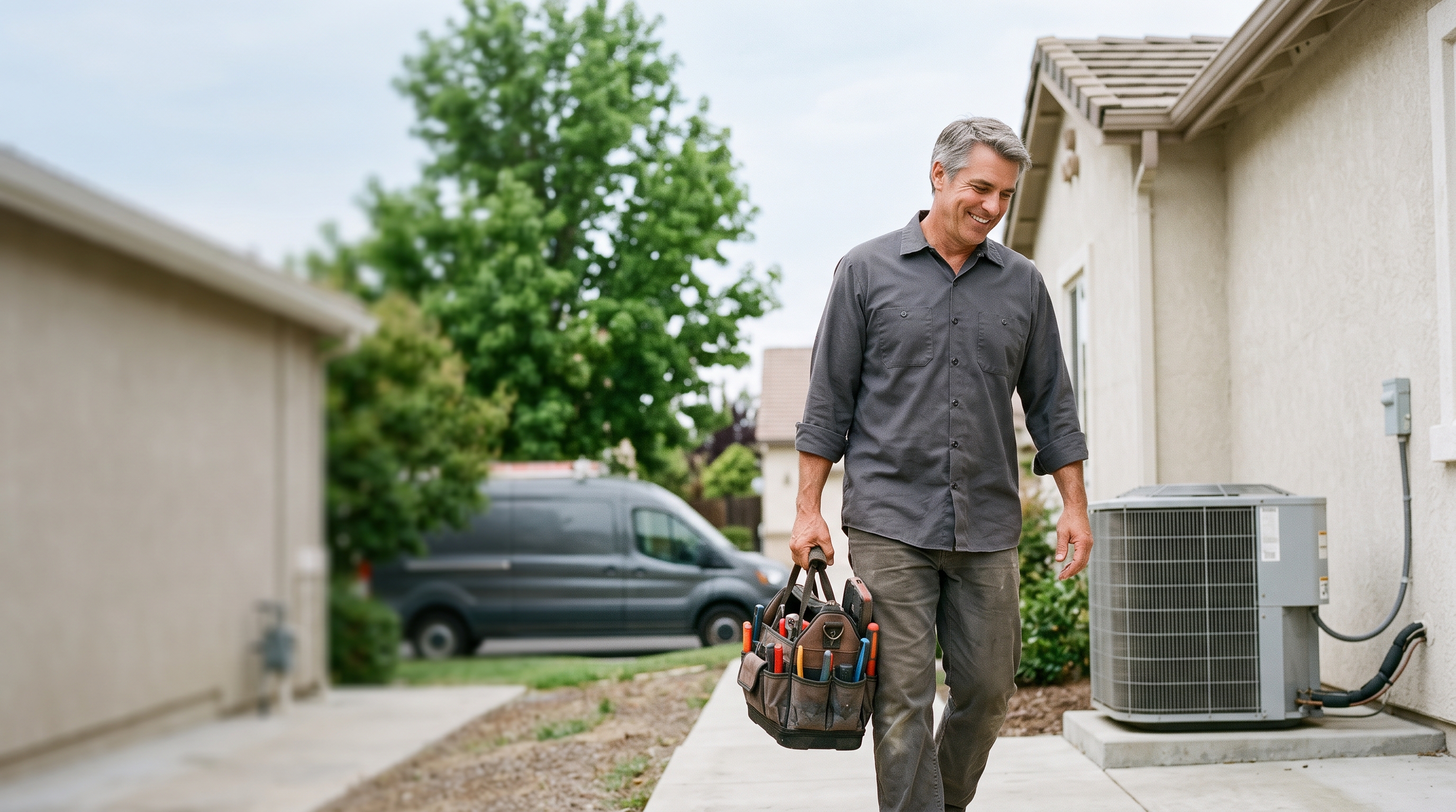 an HVAC technician beside a residential air-conditioning unit