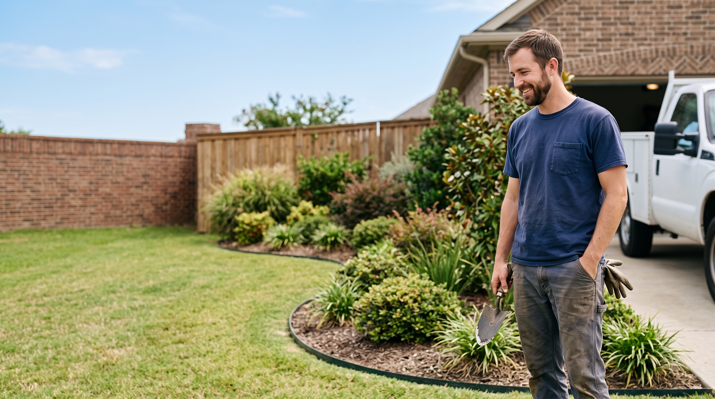 a landscaping professional in a landscaped residential yard