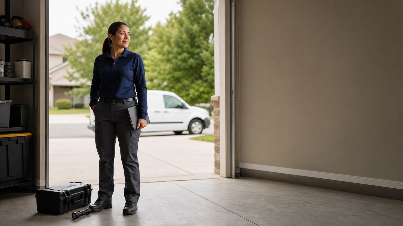 a pest control technician inspecting the exterior of a home