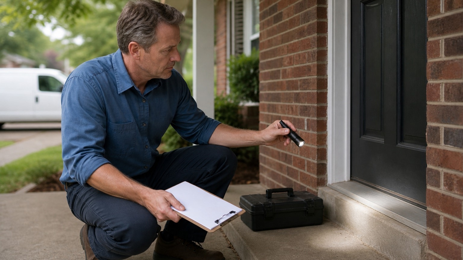 a pest control technician inspecting the exterior of a home