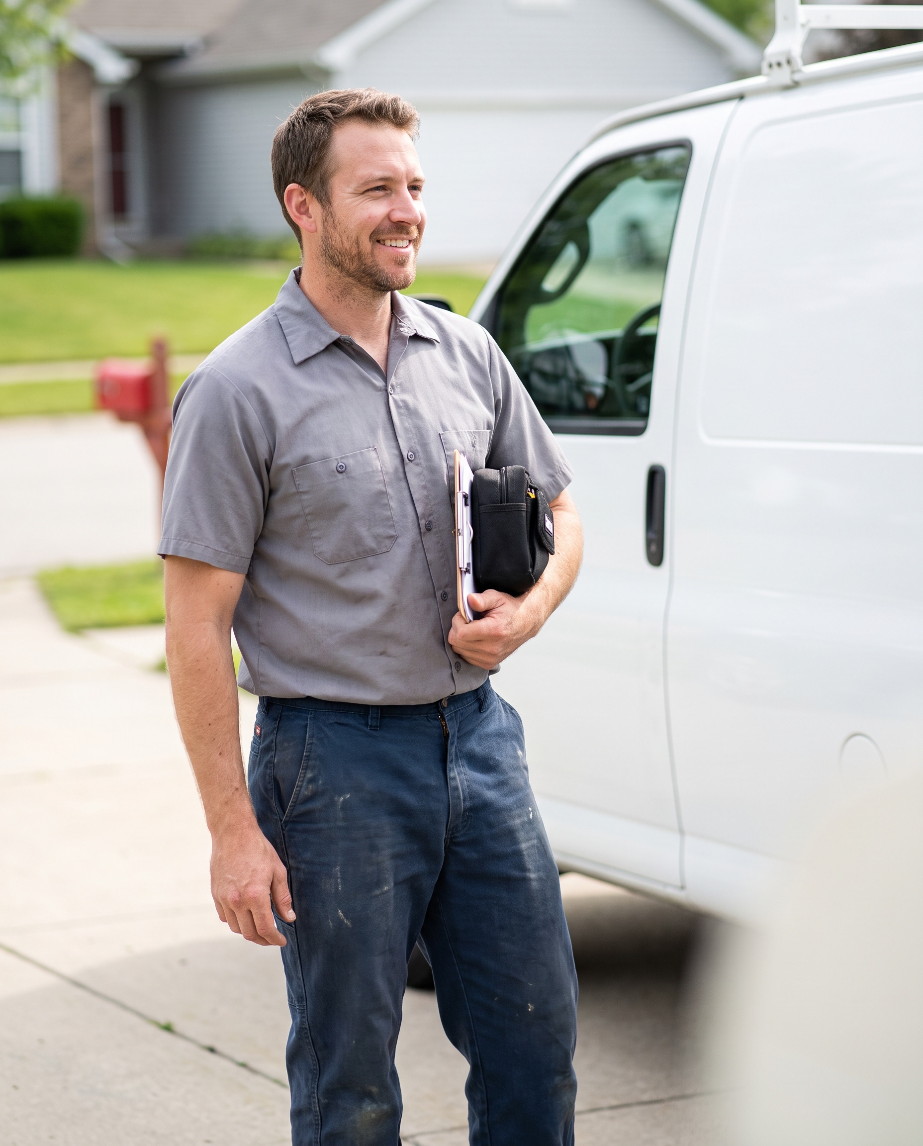 a plumber beside a service van in a suburban driveway