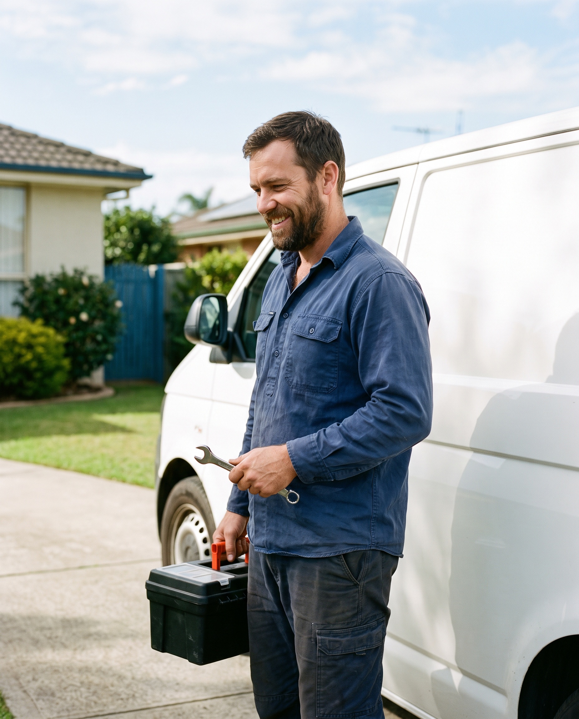 a plumber beside a service van in a suburban driveway