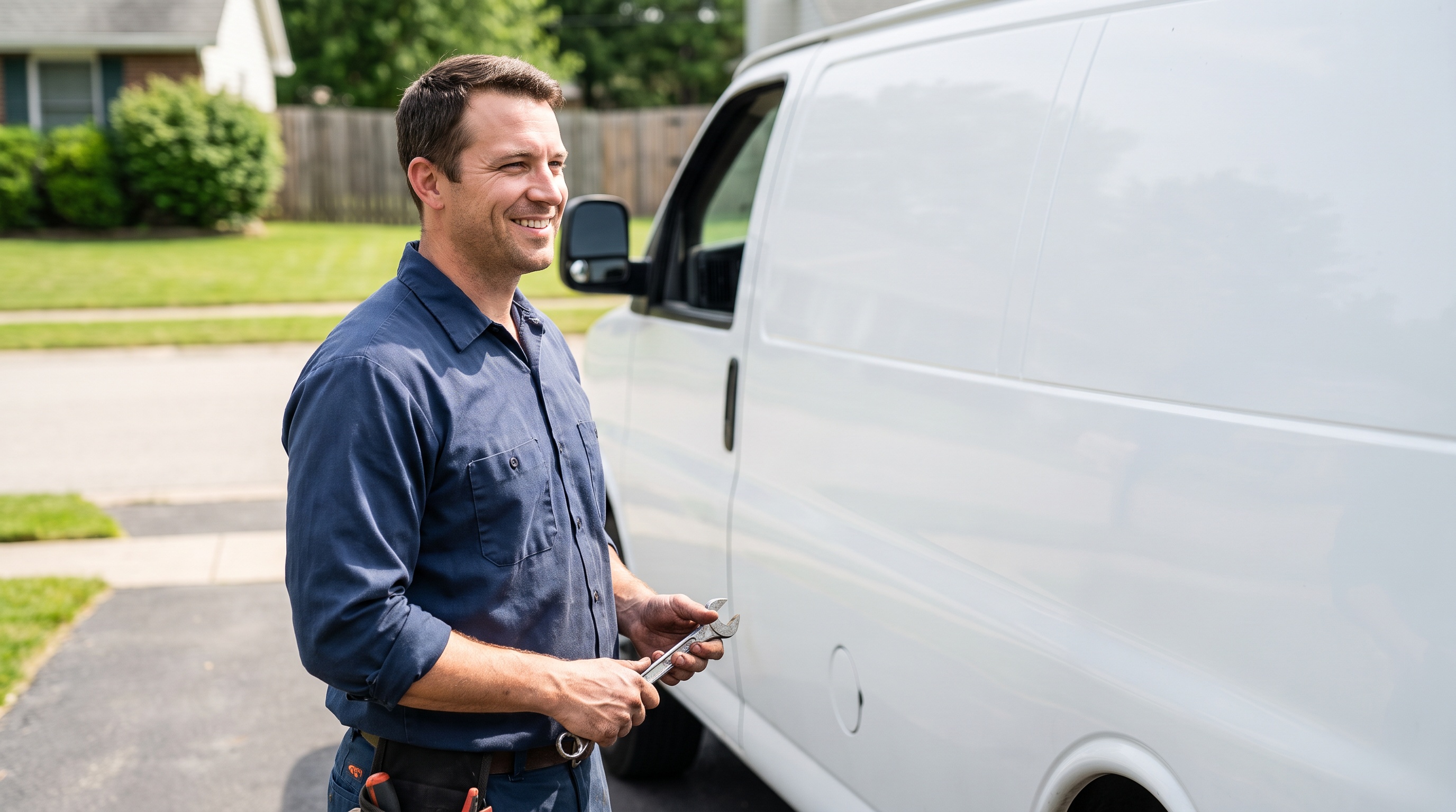 a plumber beside a service van in a suburban driveway
