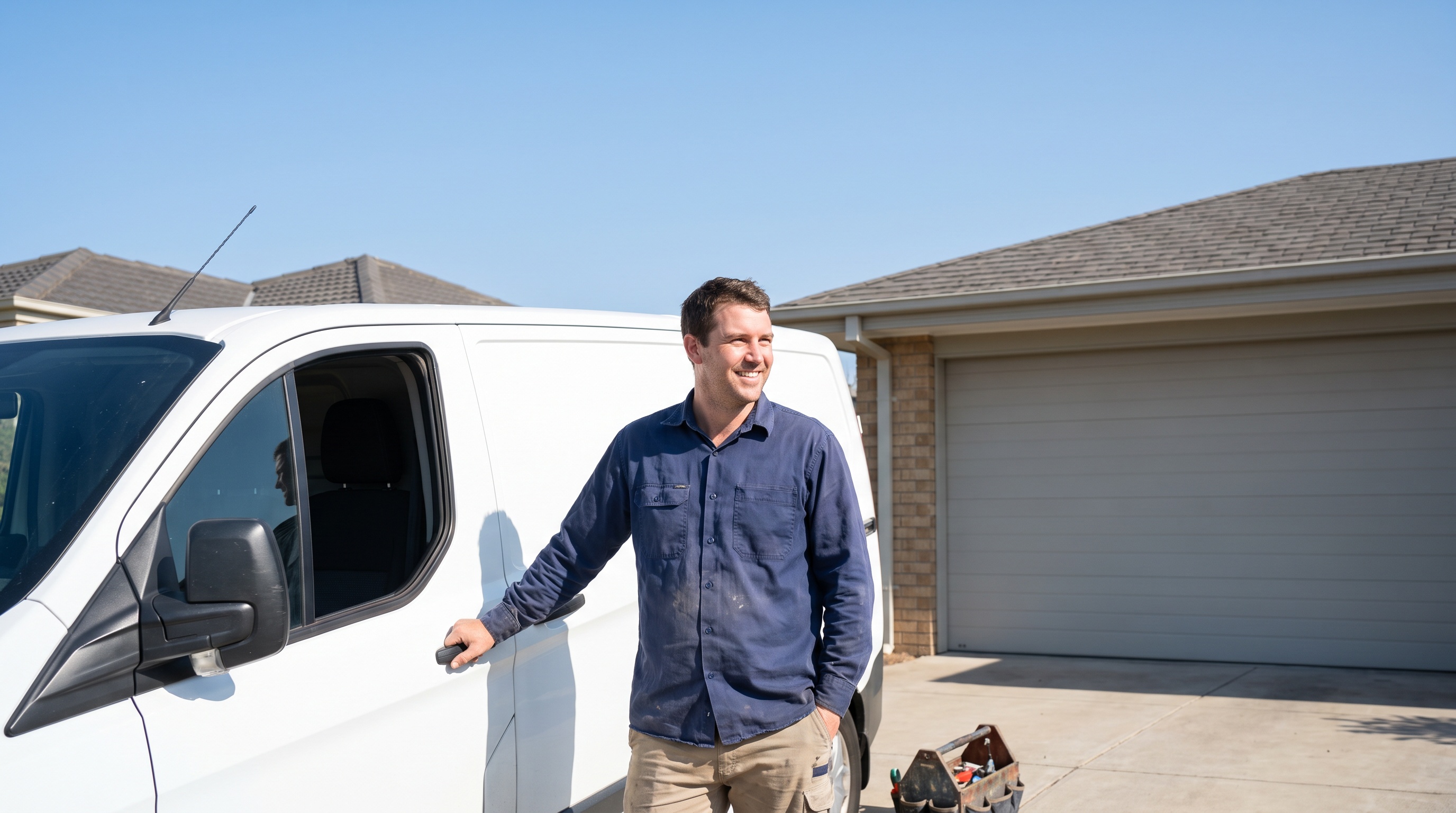 A plumber beside a service van in a suburban driveway