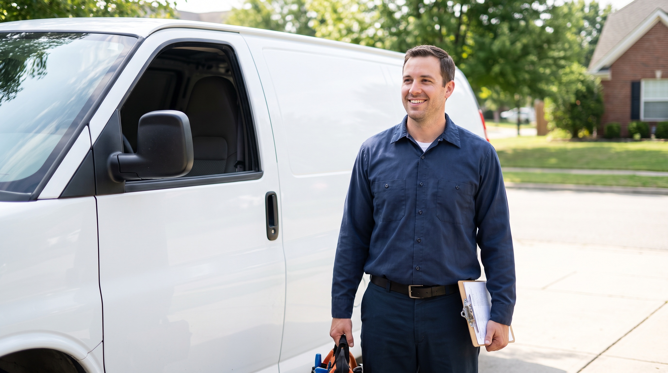 a plumber beside a service van in a suburban driveway