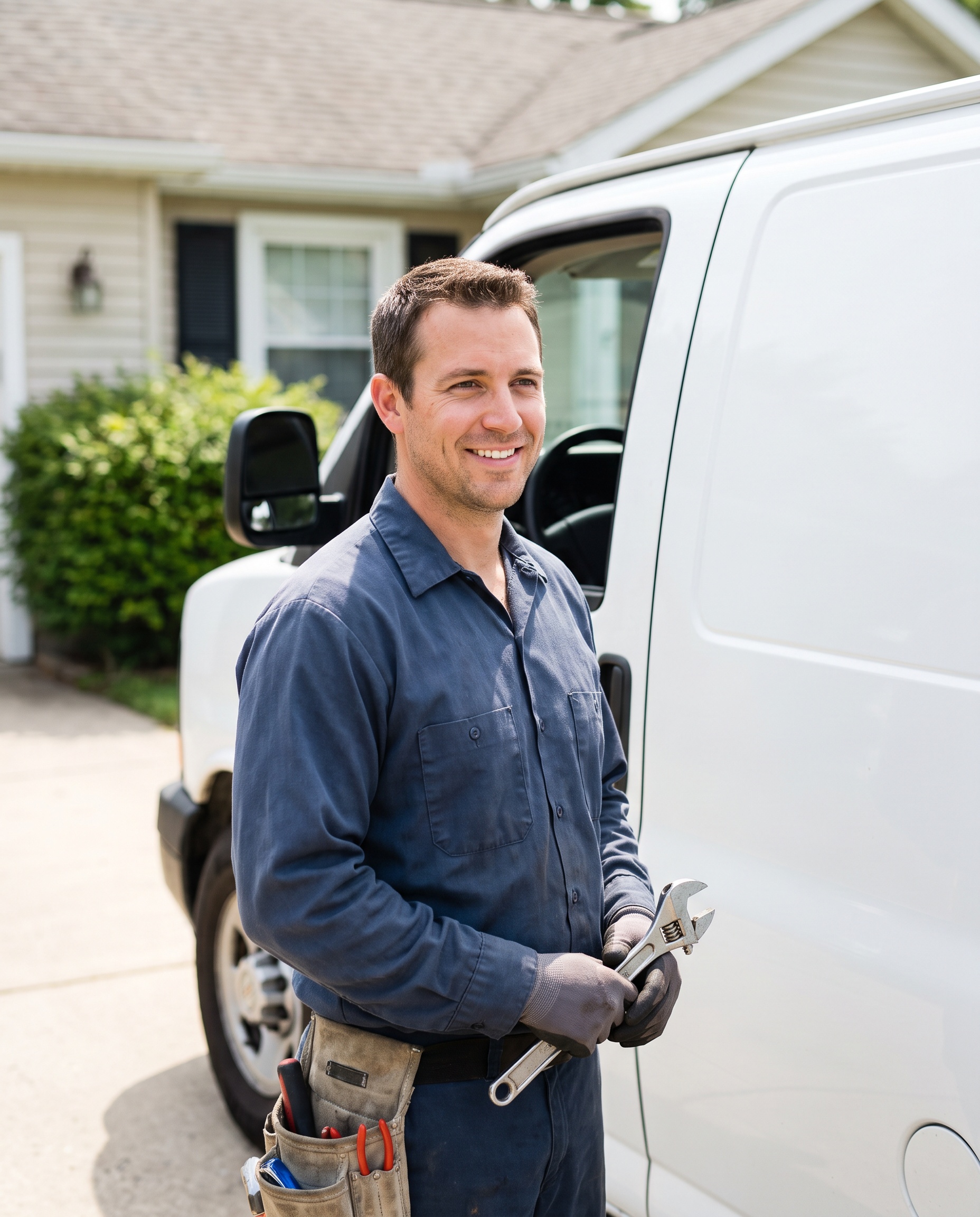 A plumber beside a service van in a suburban driveway