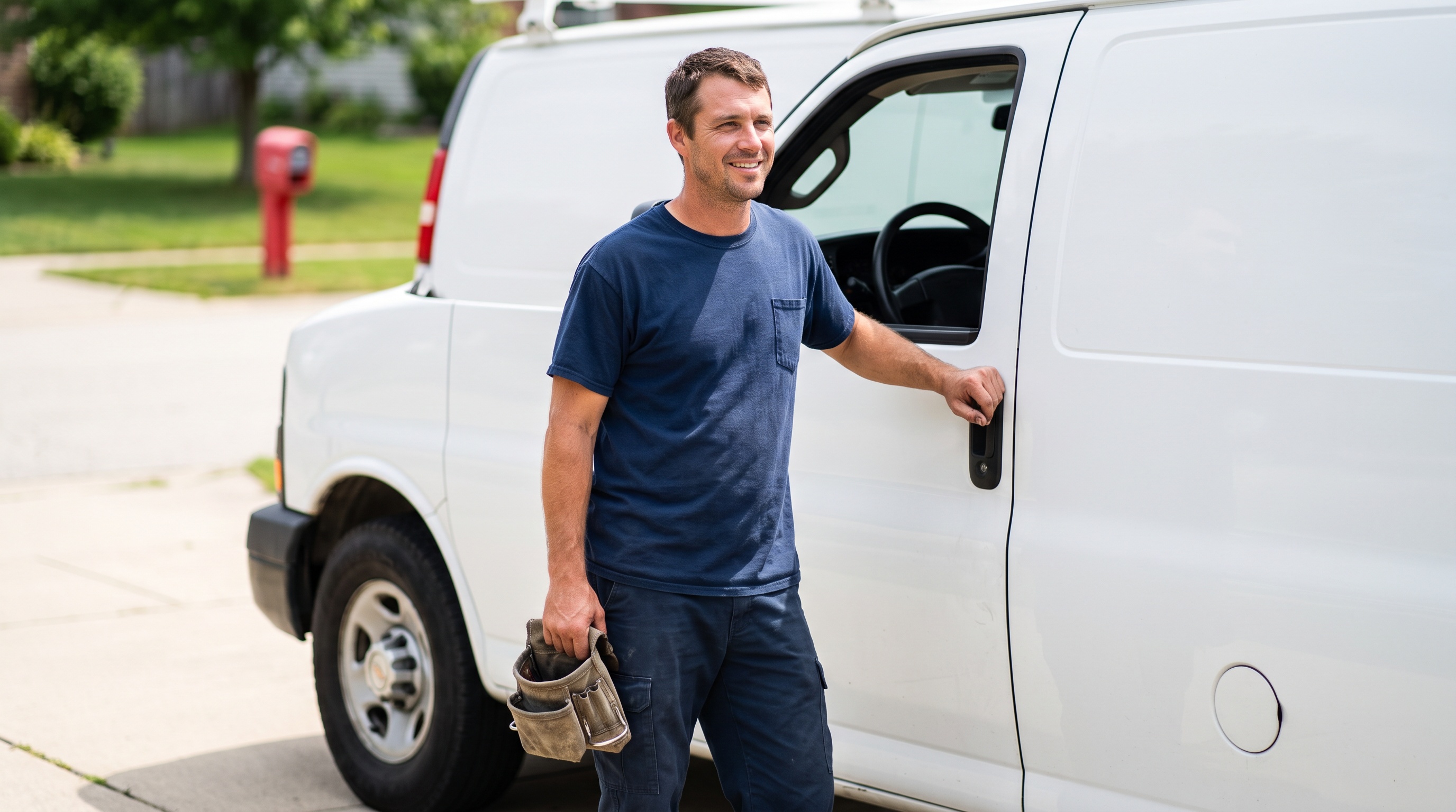 a plumber beside a service van in a suburban driveway