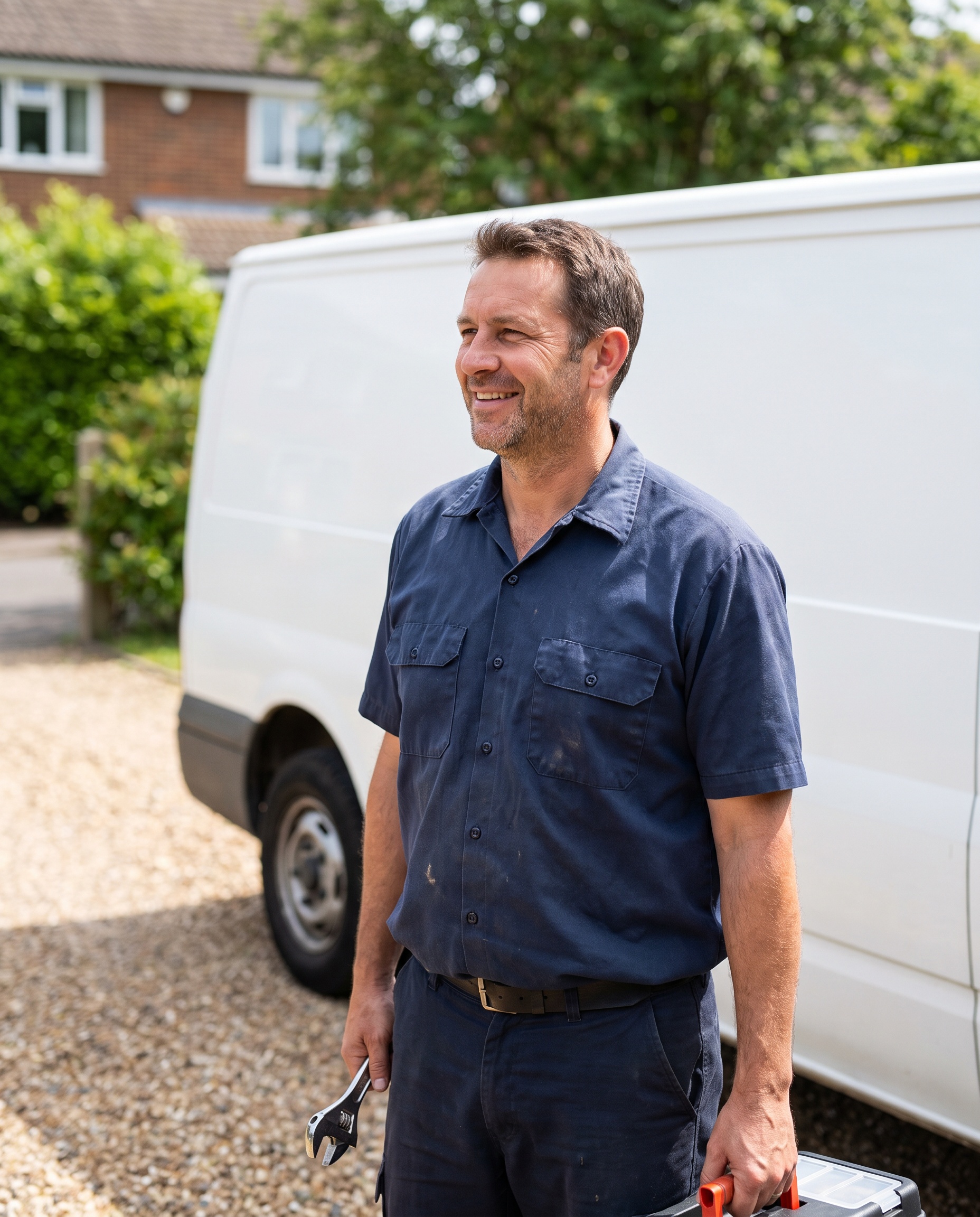 a plumber beside a service van in a suburban driveway