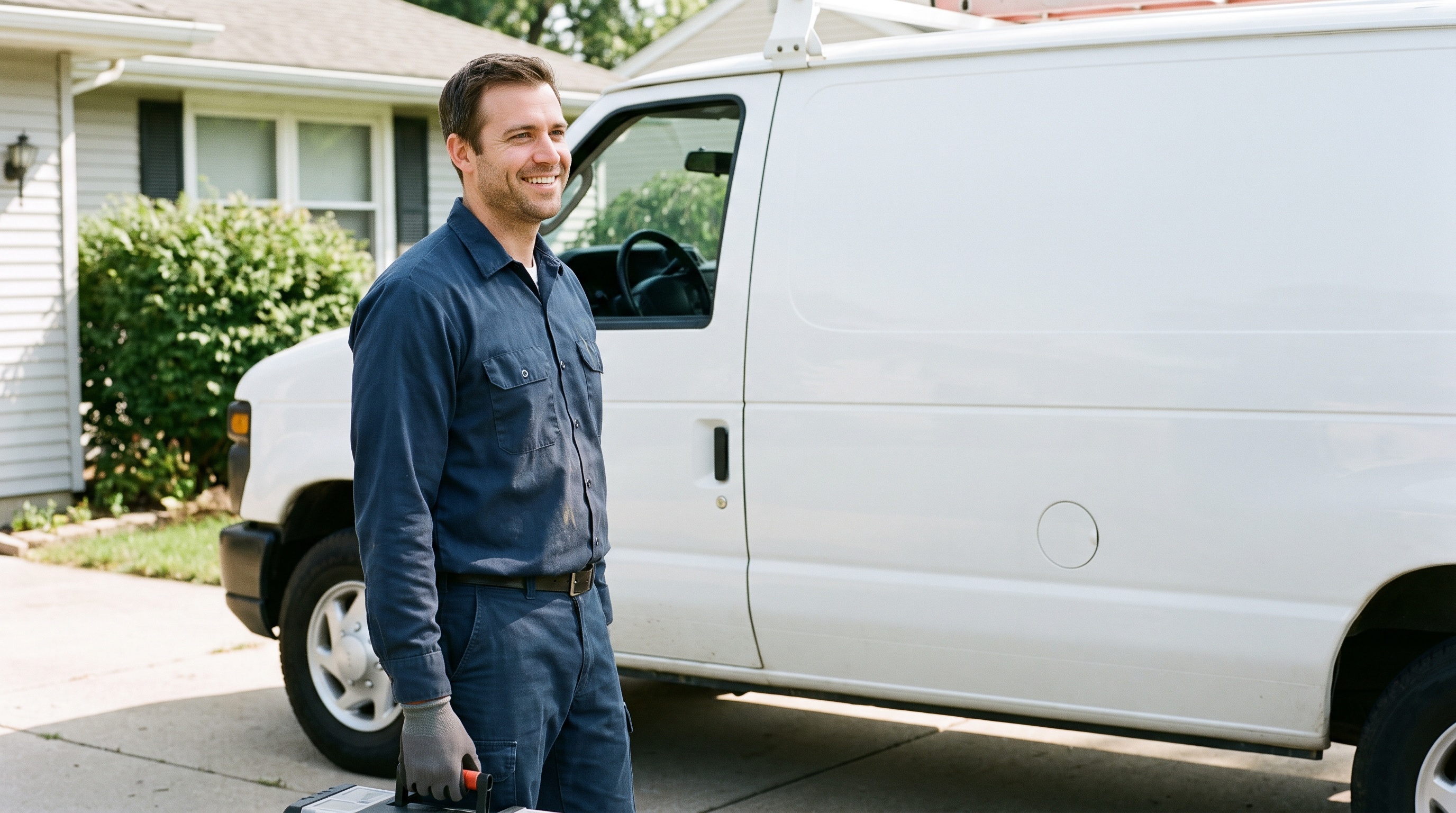 a plumber beside a service van in a suburban driveway