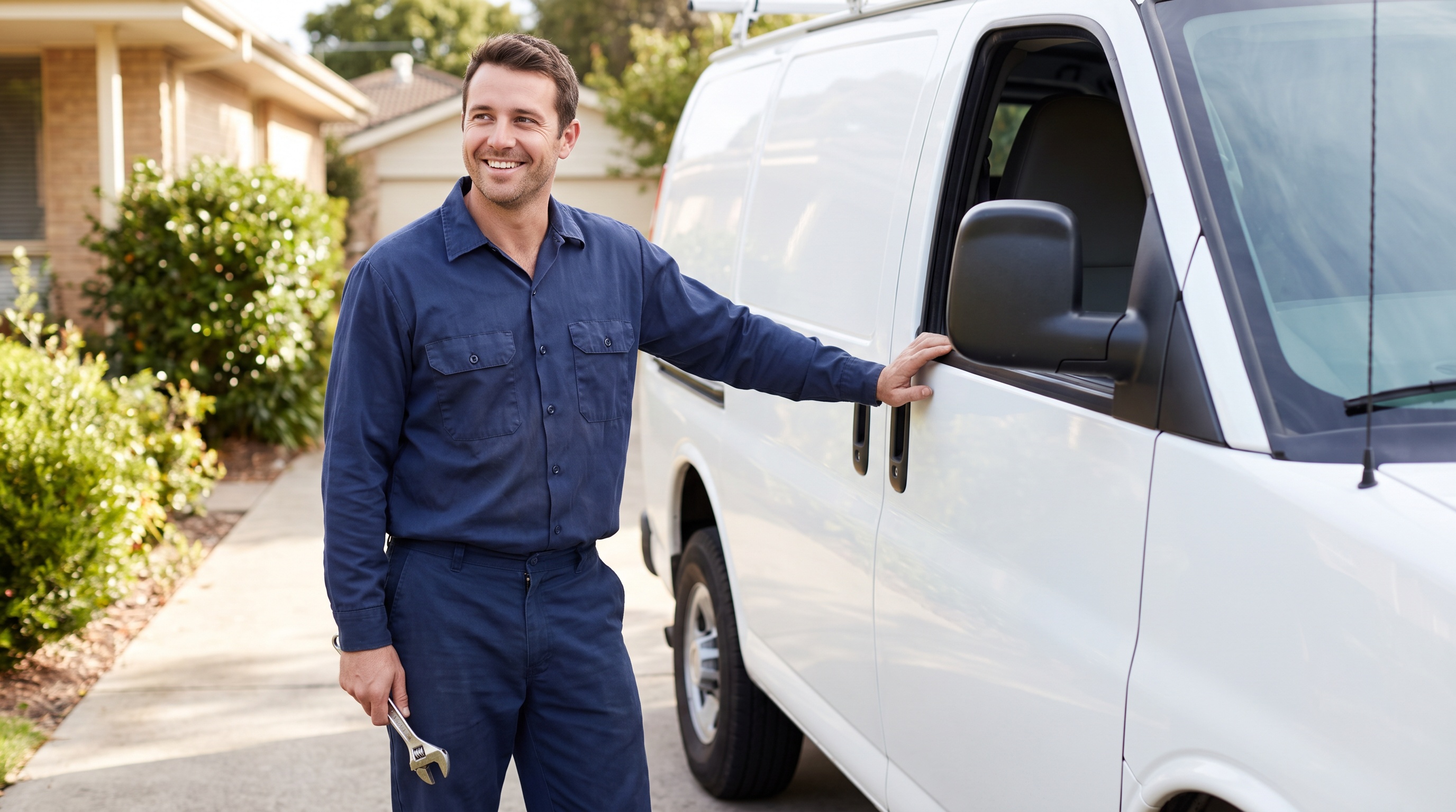 a plumber beside a service van in a suburban driveway