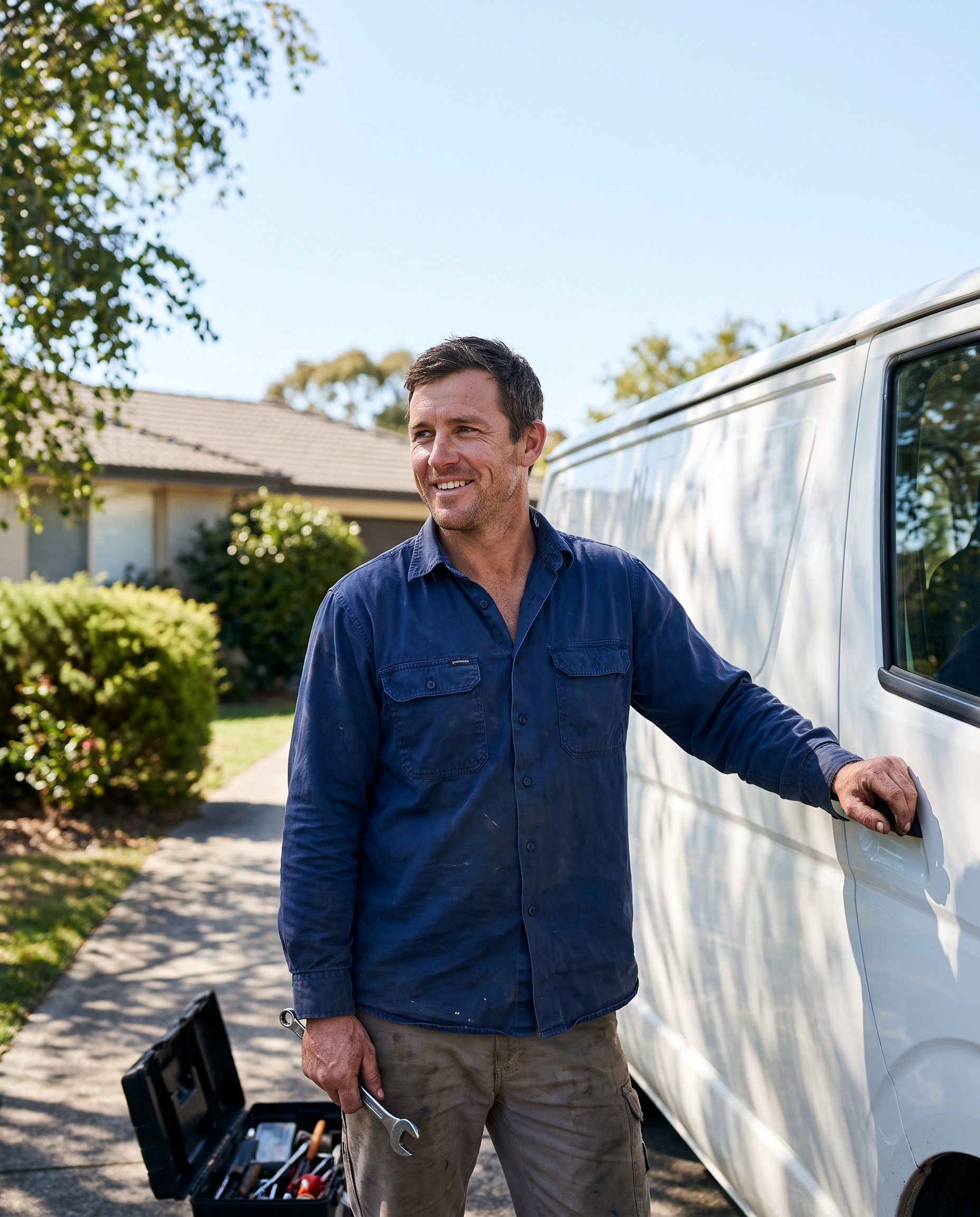 a plumber beside a service van in a suburban driveway