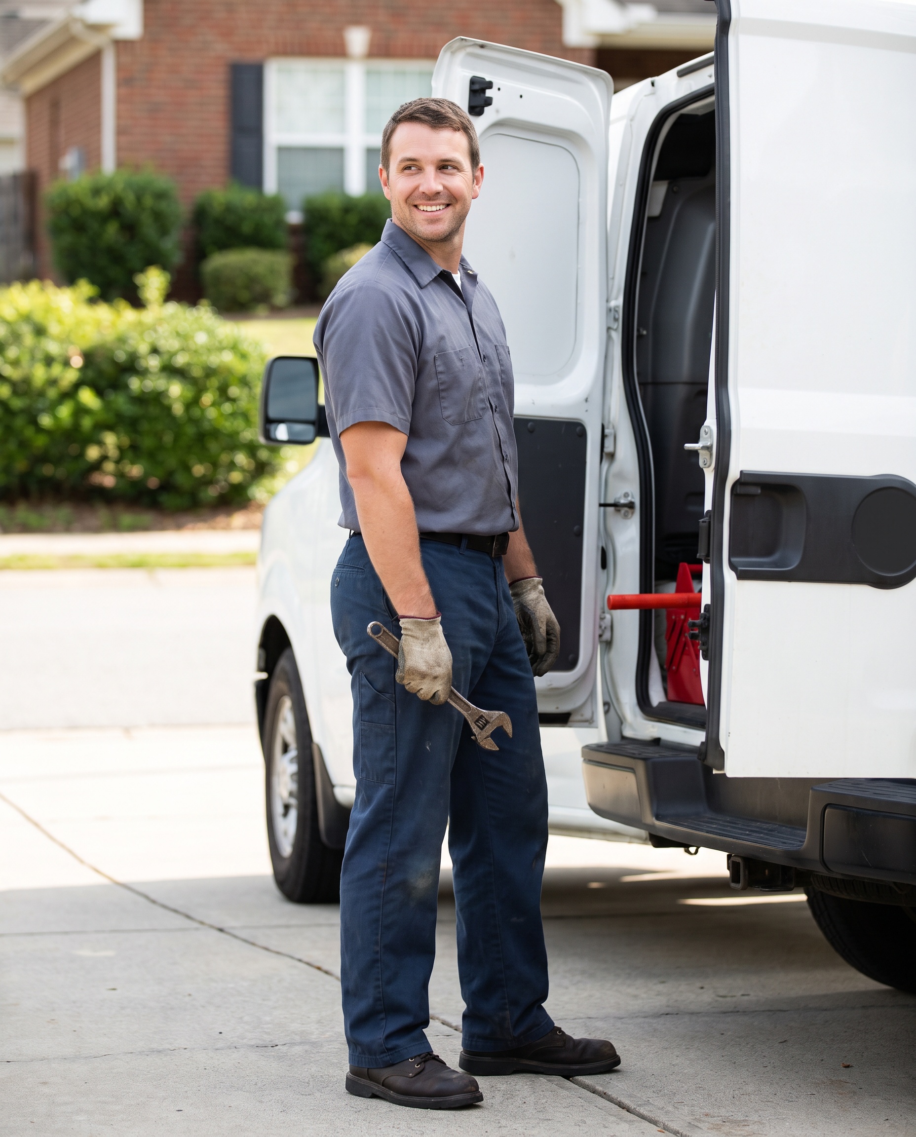 a plumber beside a service van in a suburban driveway