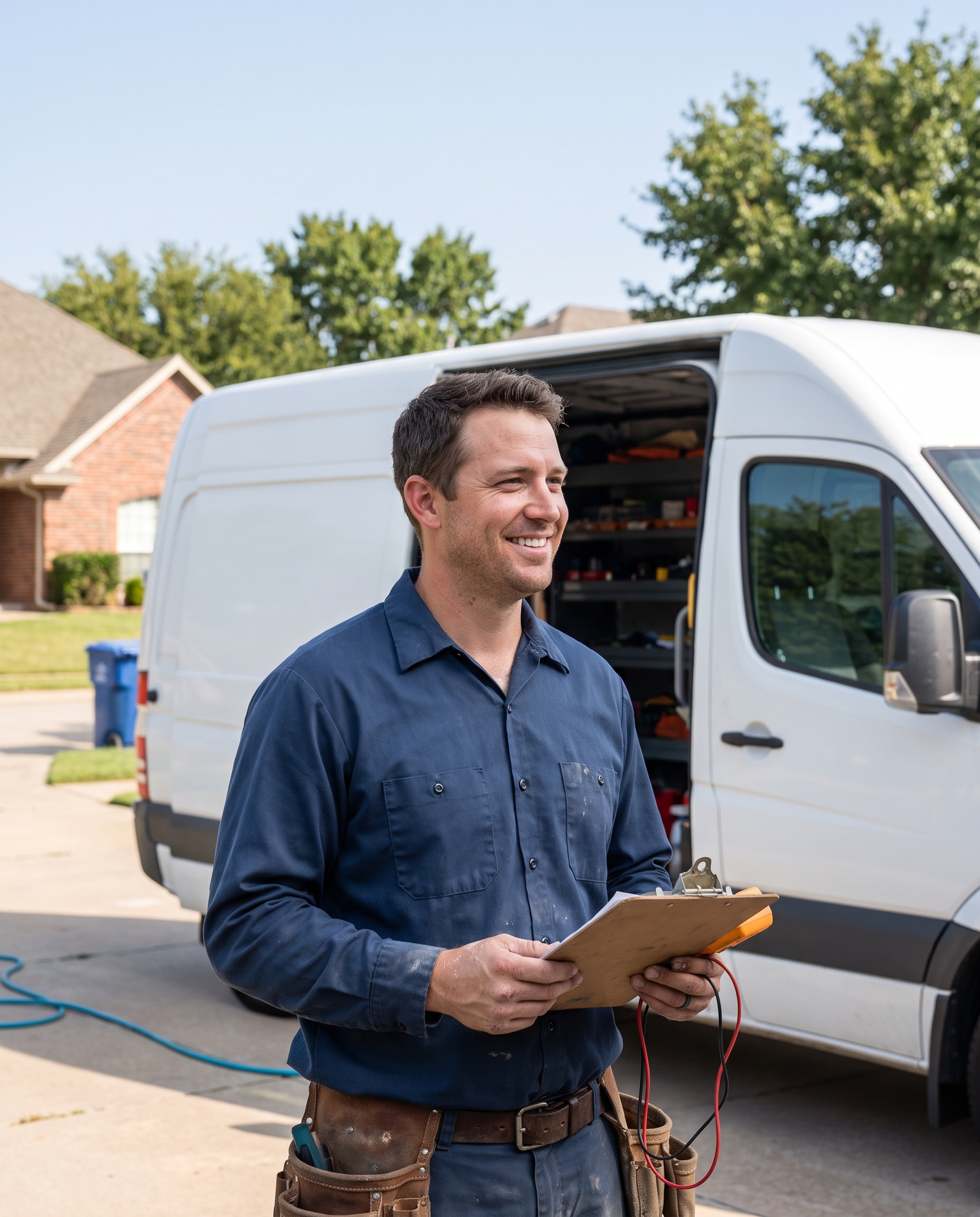 a plumber beside a service van in a suburban driveway