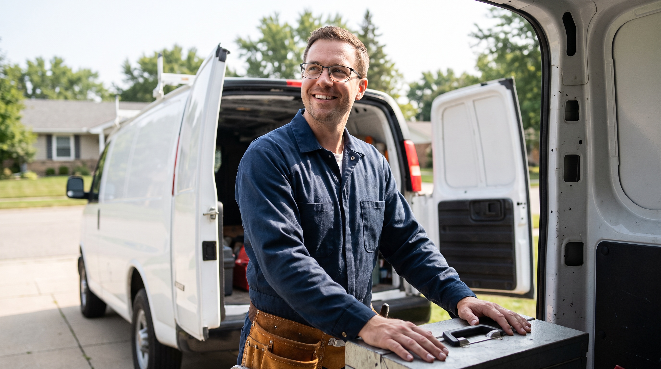 A plumber beside a service van in a suburban driveway