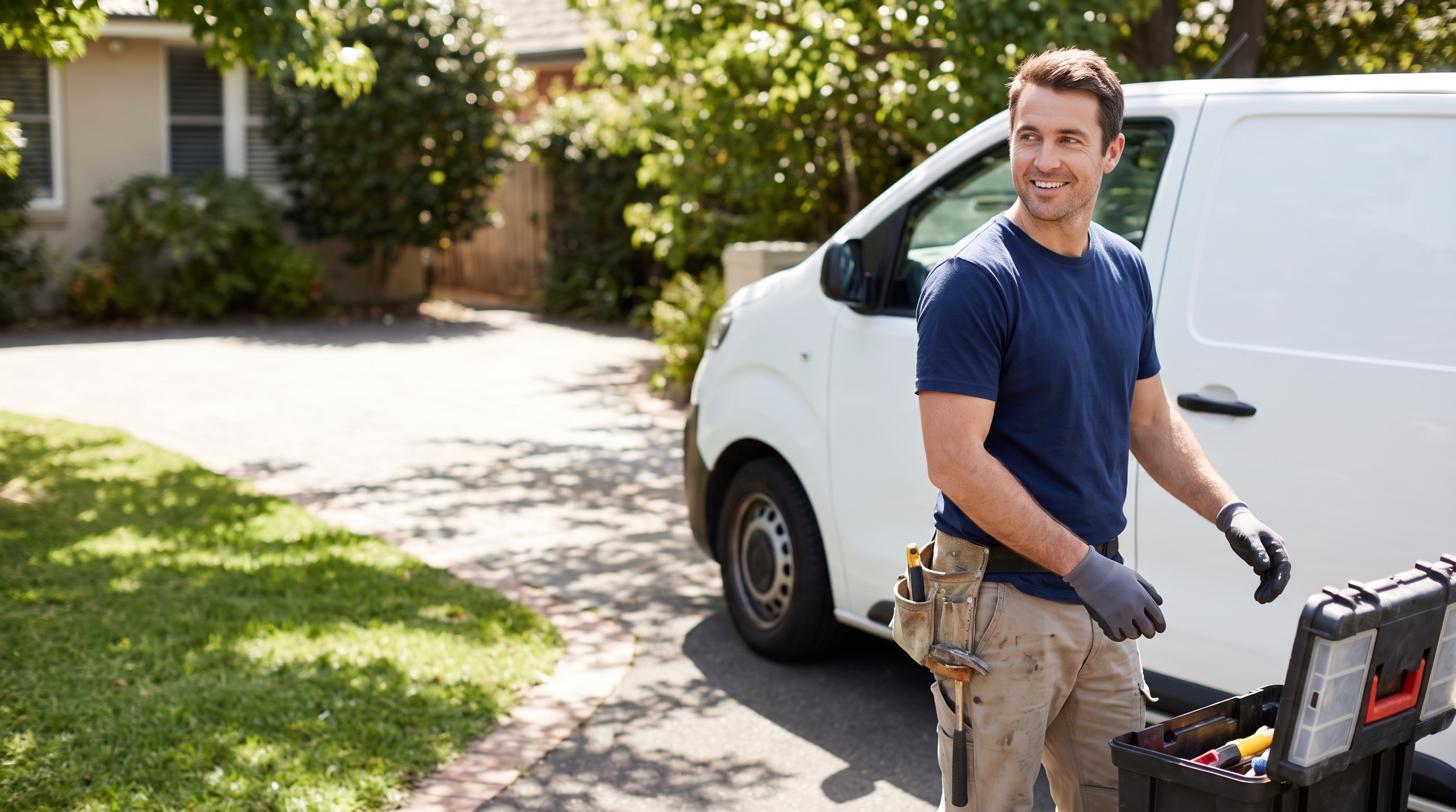 a plumber beside a service van in a suburban driveway
