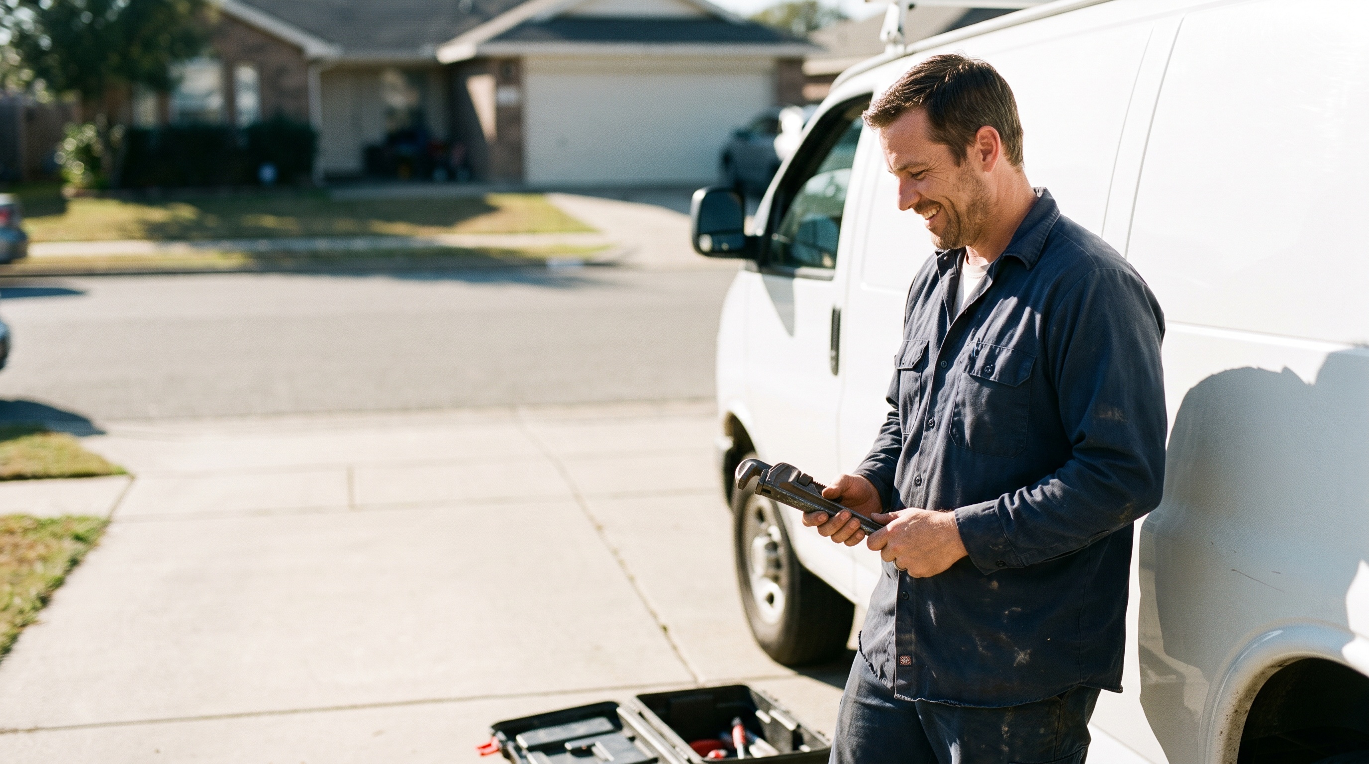 a plumber beside a service van in a suburban driveway