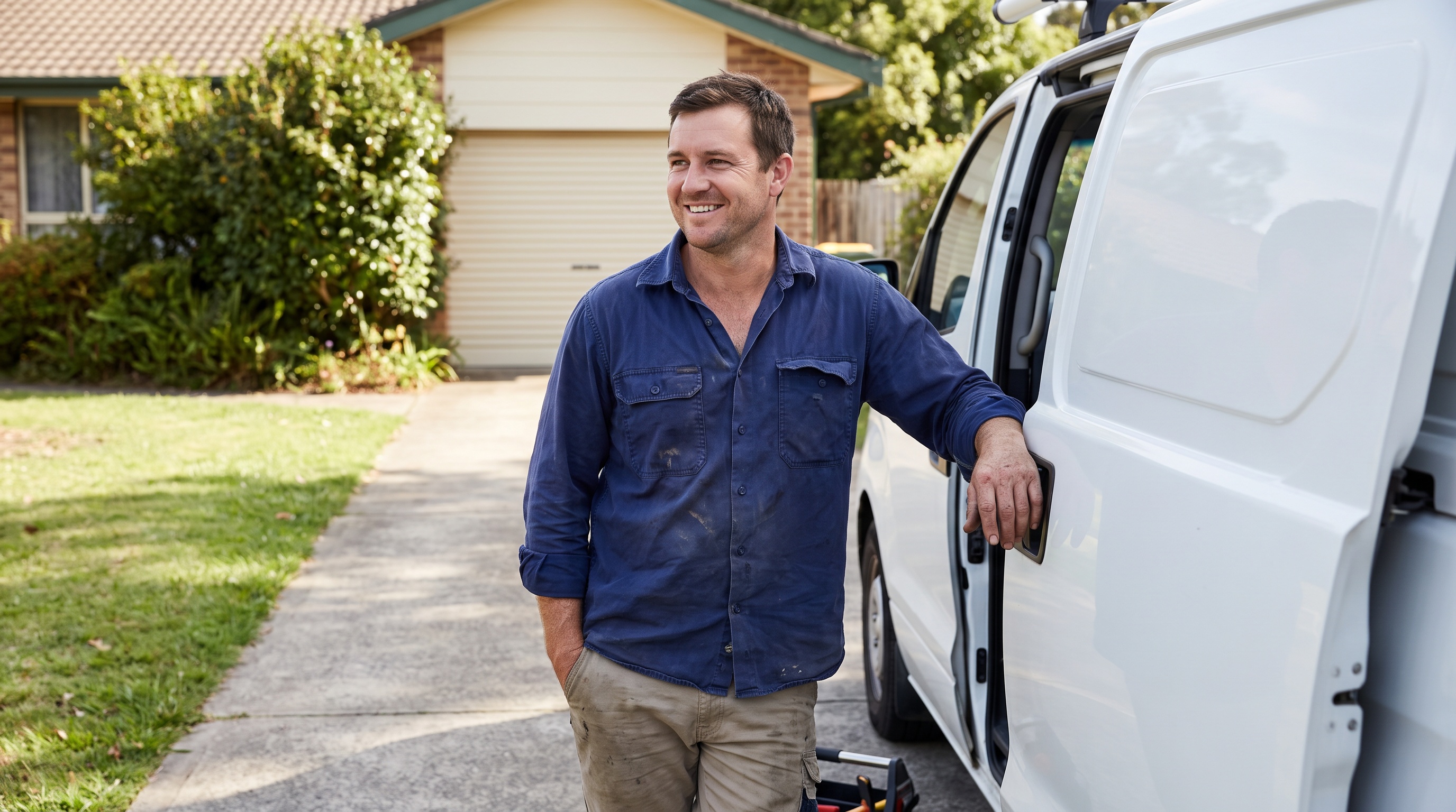a plumber beside a service van in a suburban driveway