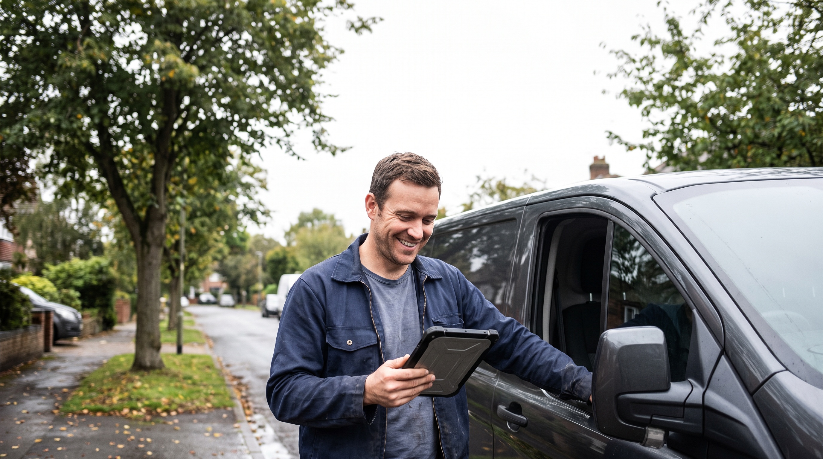 a plumber beside a service van in a suburban driveway