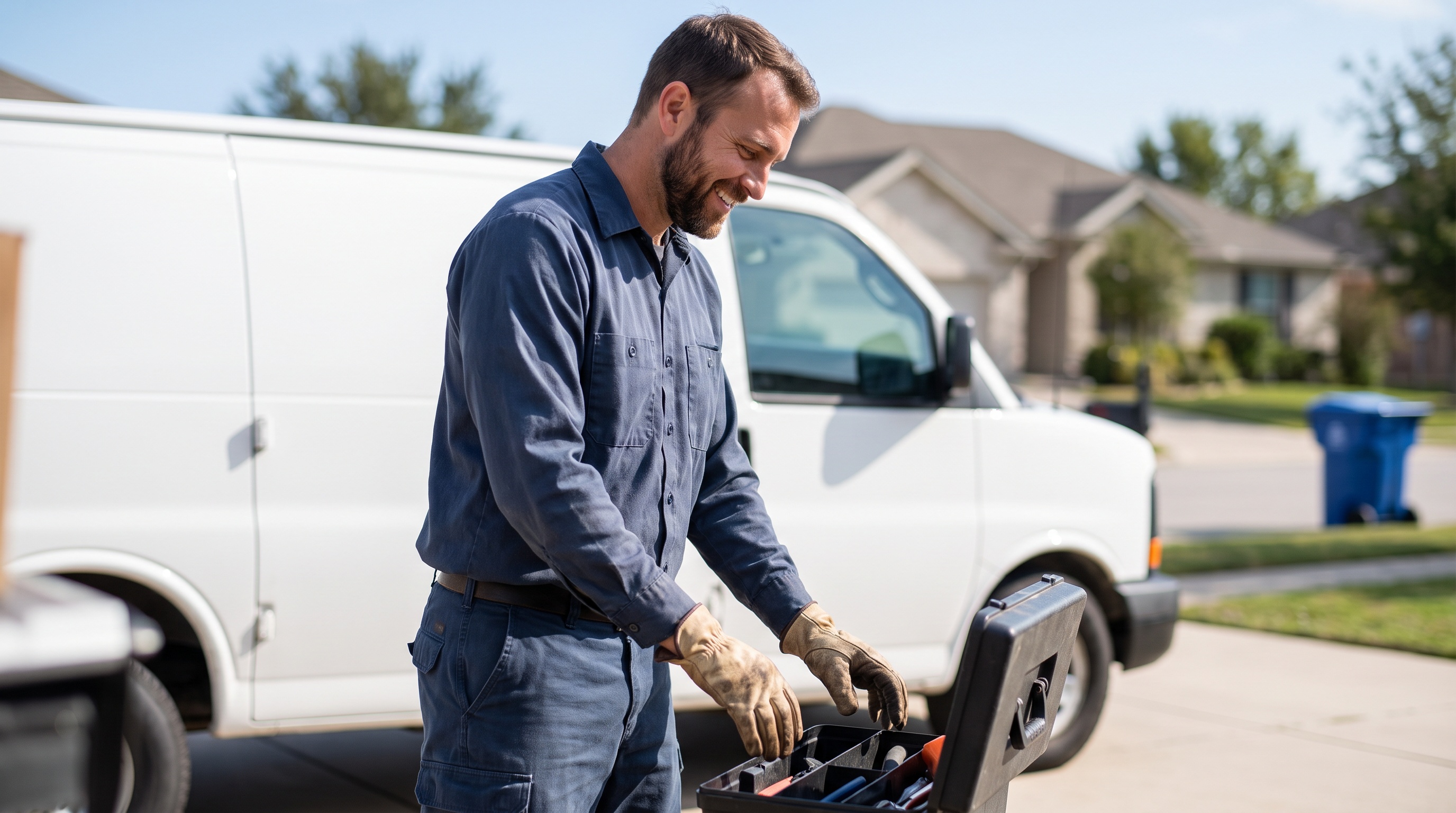 a plumber beside a service van in a suburban driveway