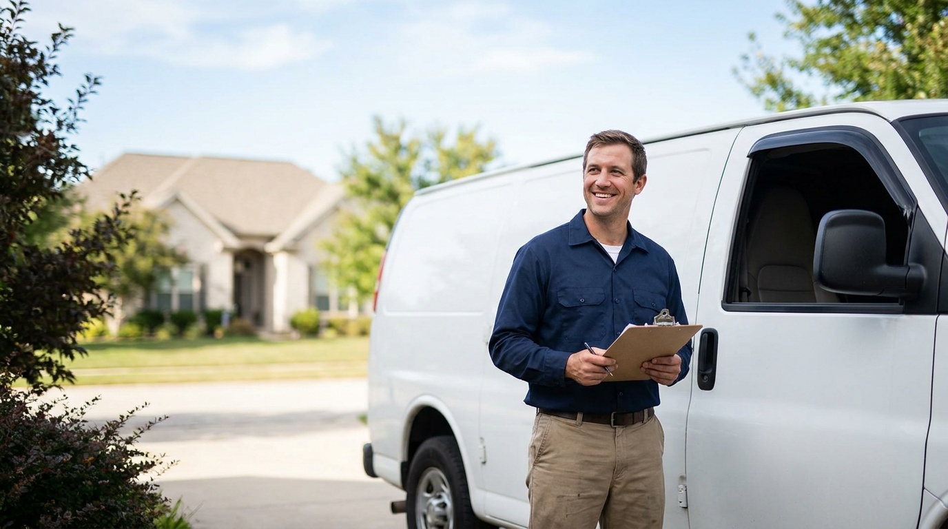 a plumber beside a service van in a suburban driveway