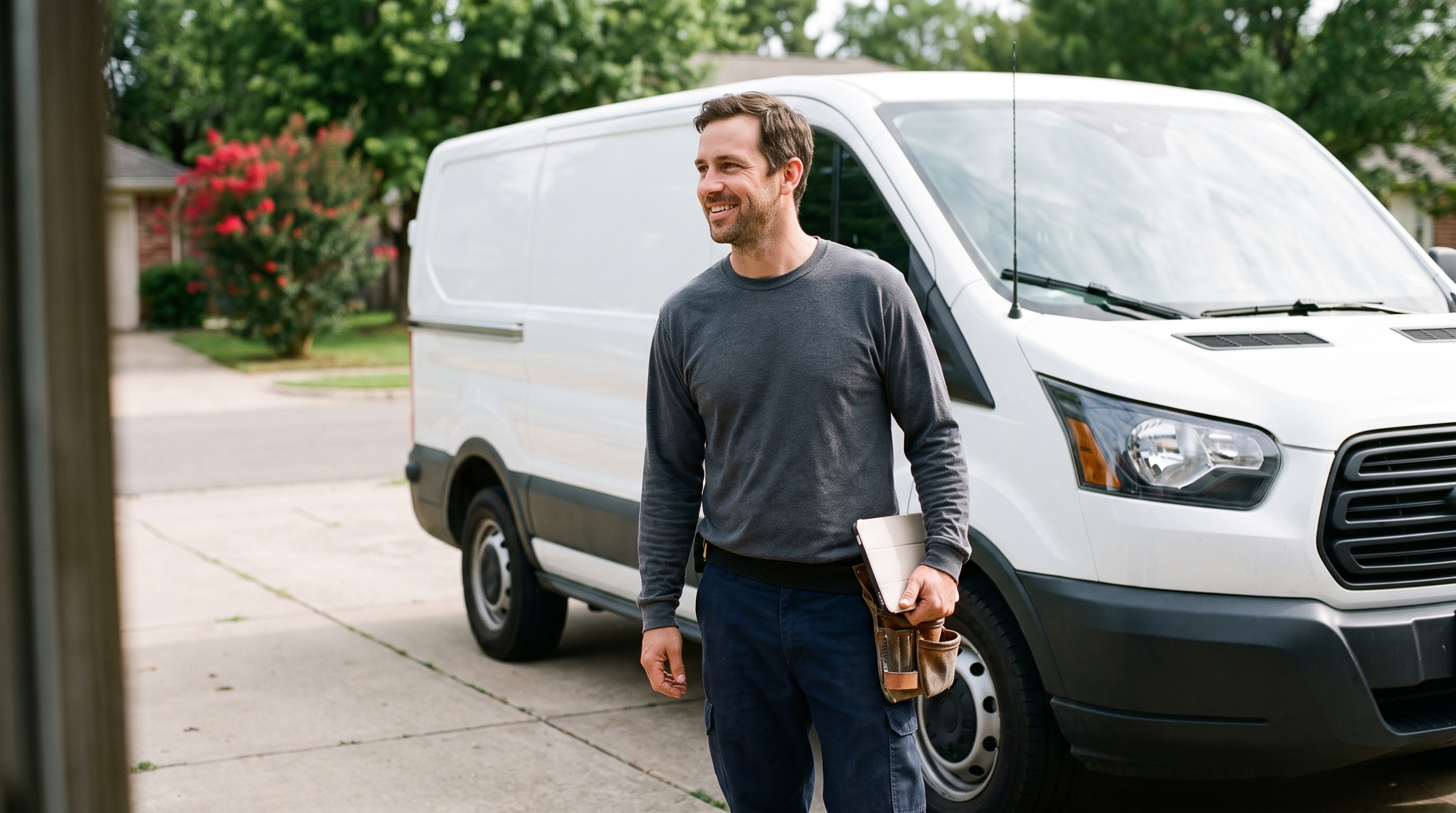 a plumber beside a service van in a suburban driveway