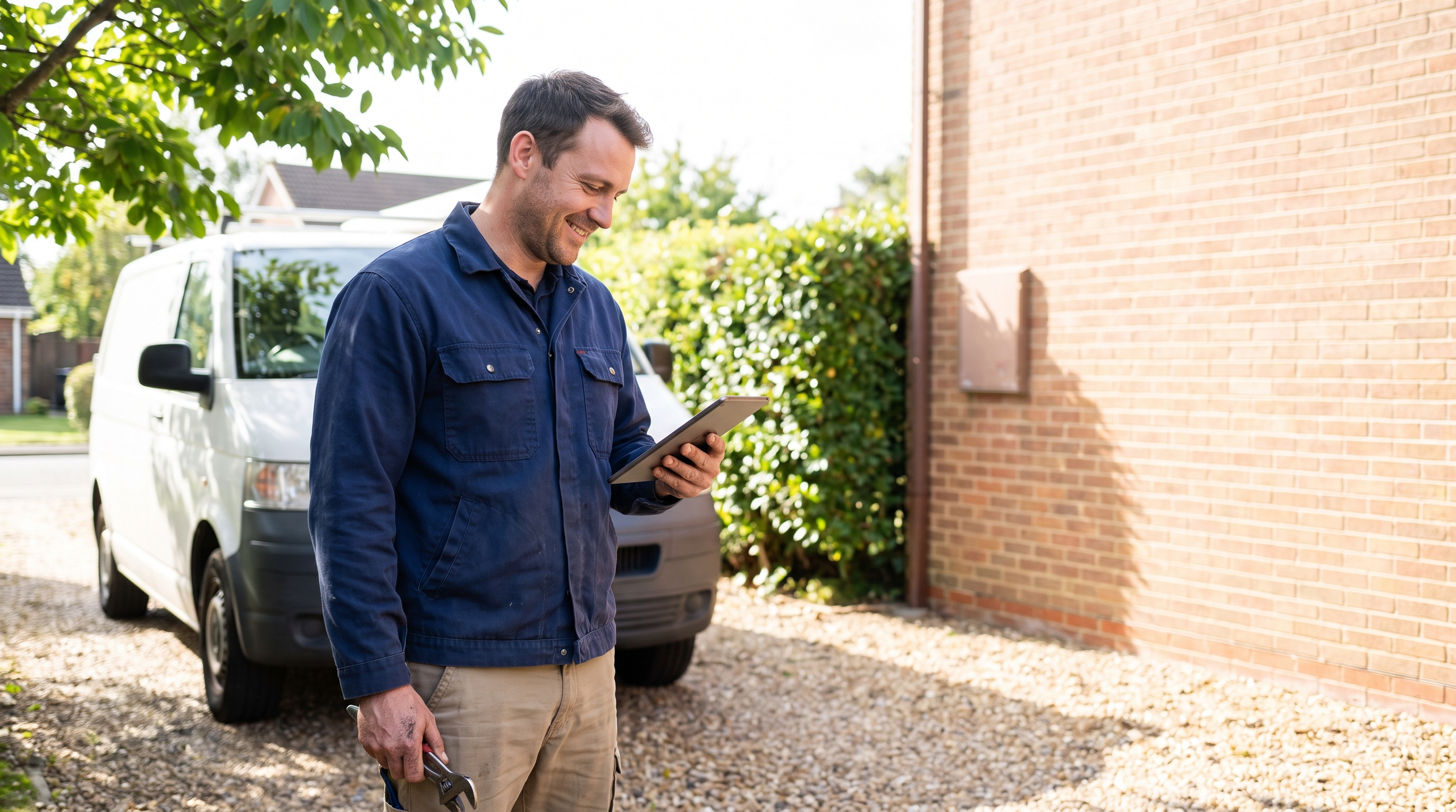 a plumber beside a service van in a suburban driveway