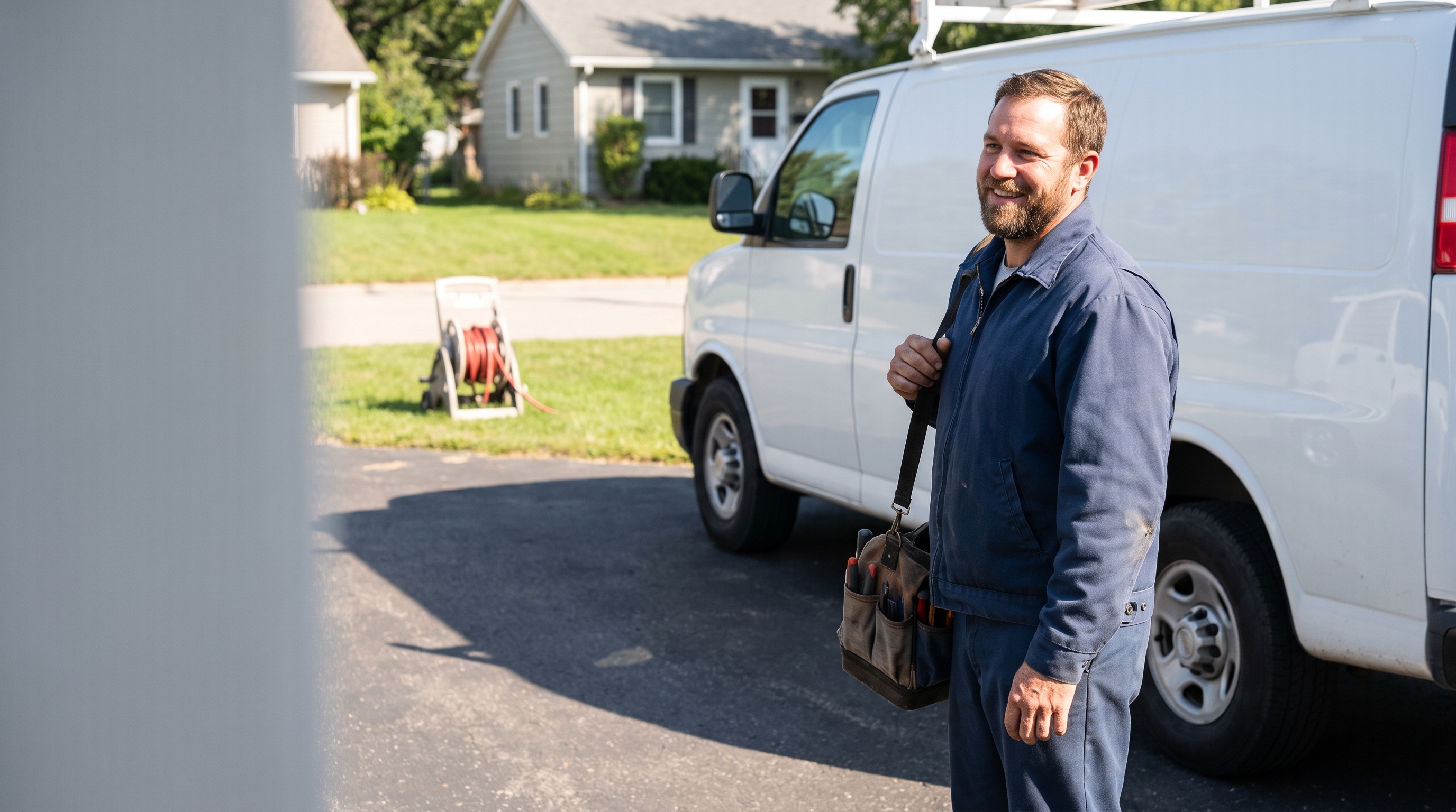 a plumber beside a service van in a suburban driveway