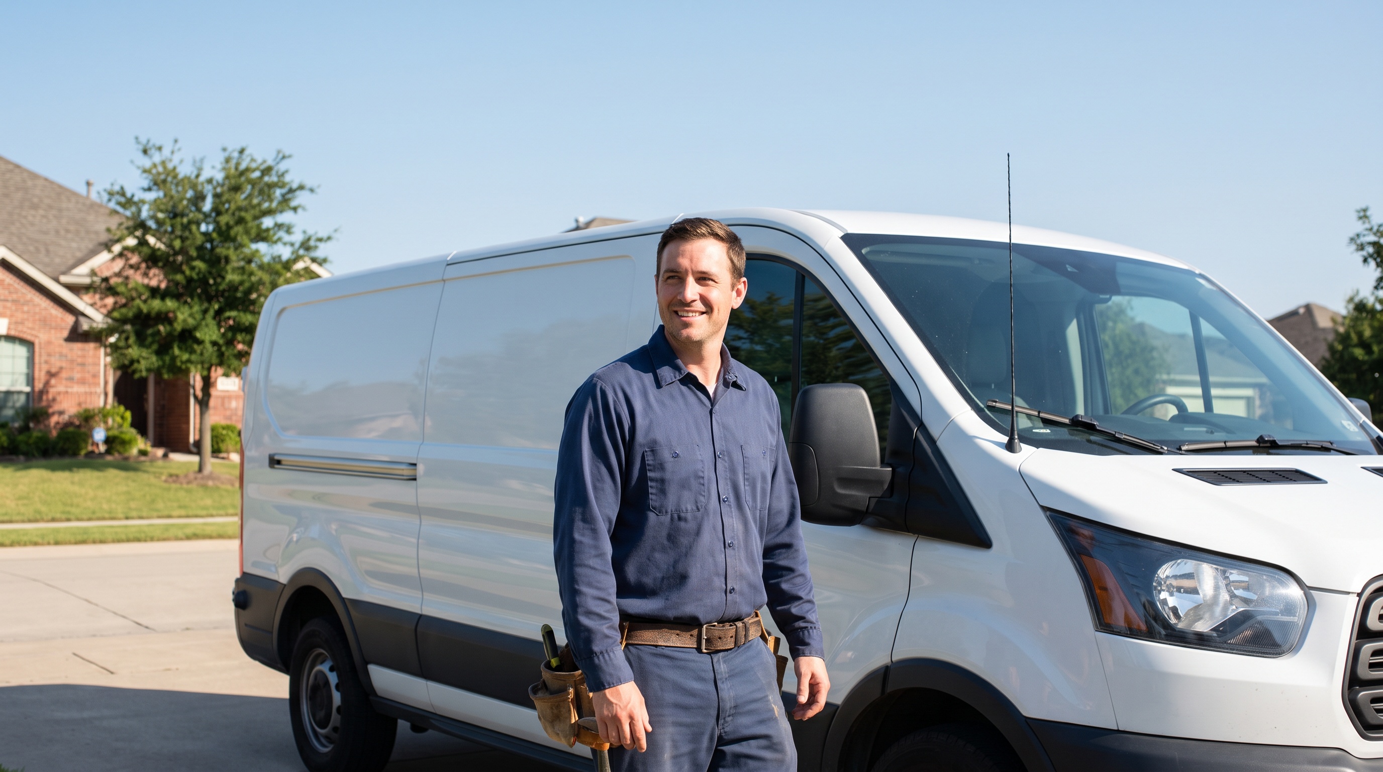a plumber beside a service van in a suburban driveway