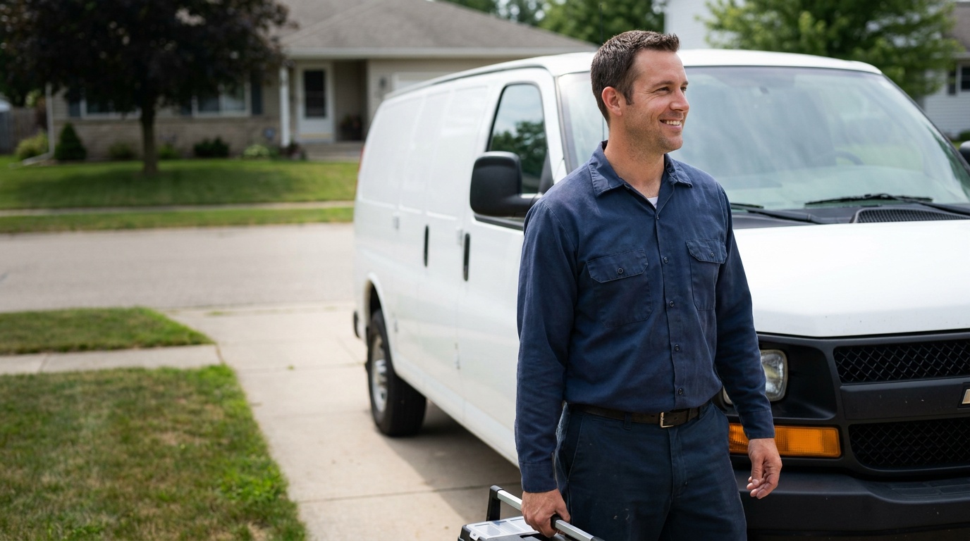 a plumber beside a service van in a suburban driveway